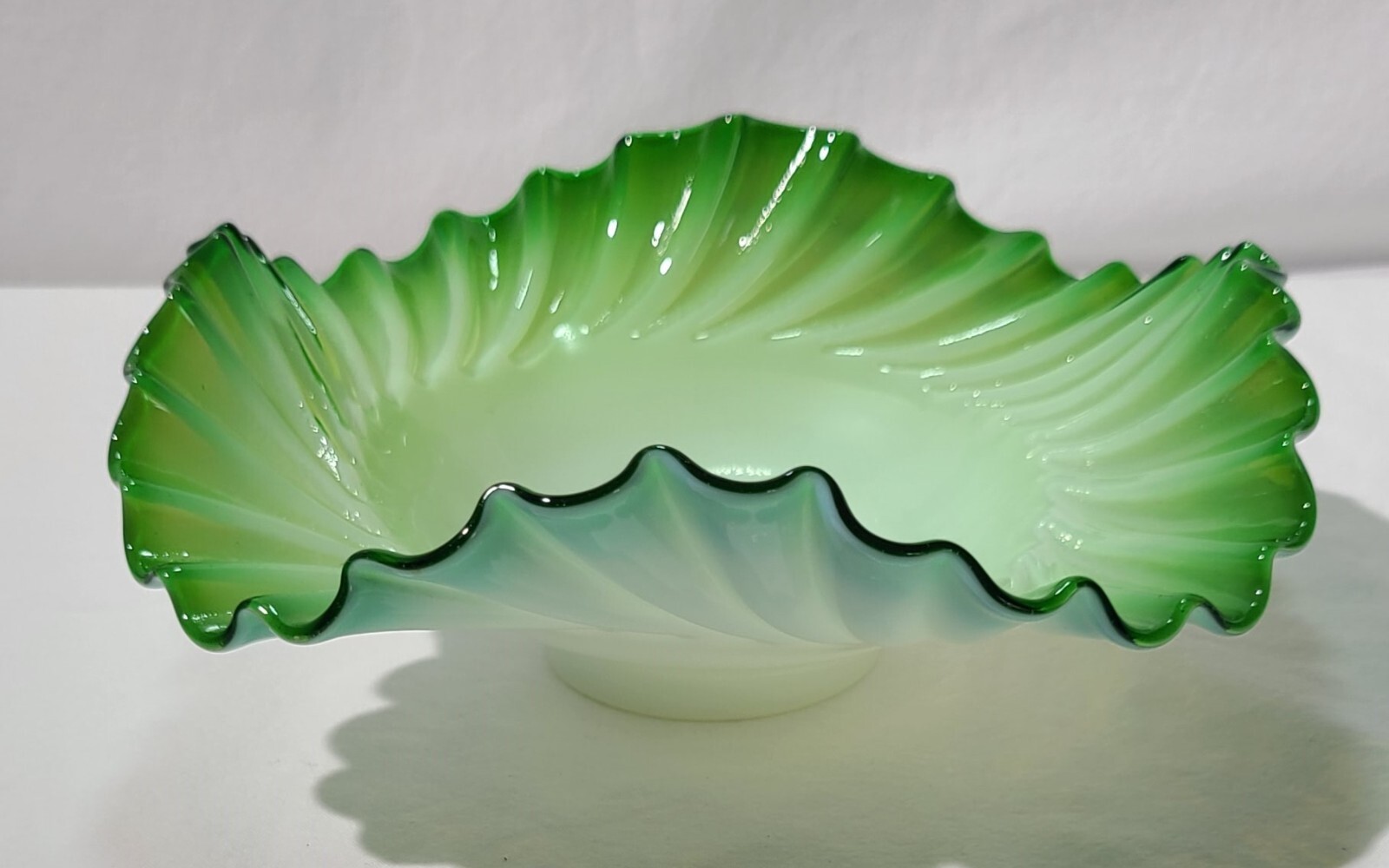 Vintage Victorian Style Opalescent Green & Light Green Crimped Ruffled Bowl