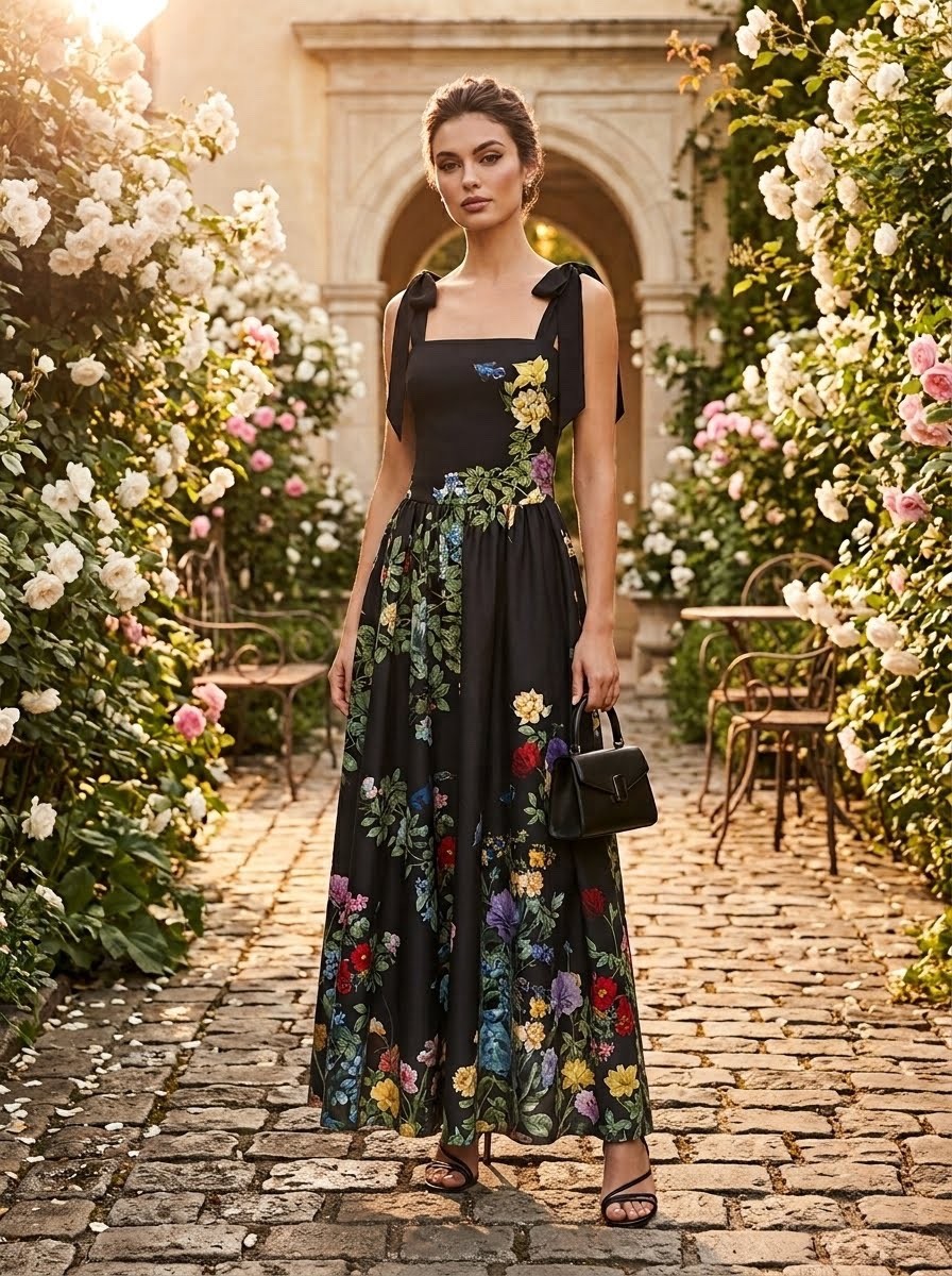Alice + Olivia Black Floral Bird Print Tie Strap Maxi Dress Cotton Size 6