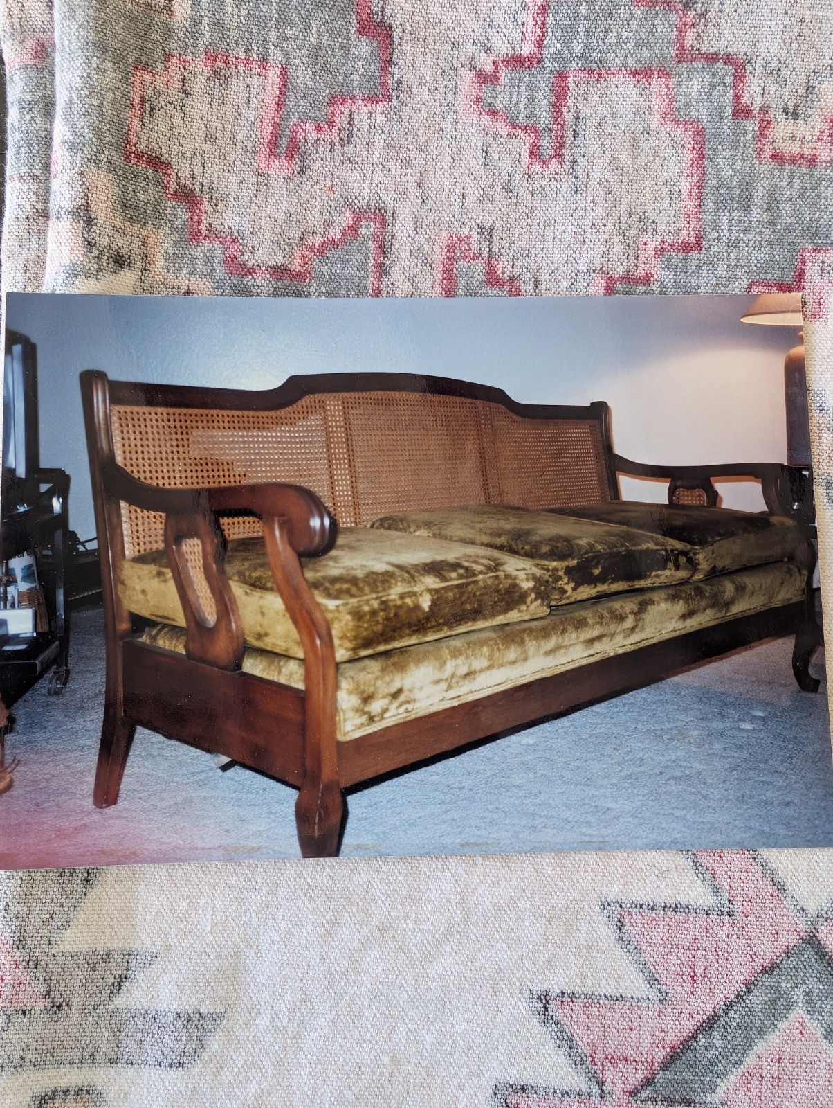 Vintage French Provincial Cane Cherry Wood Sofa Early 1900s Green Velvet