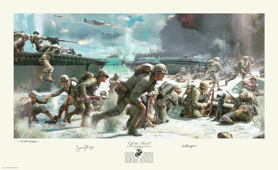 Eugene Sledge on Peleliu art autographed by 1st Marine Division WWII heroes