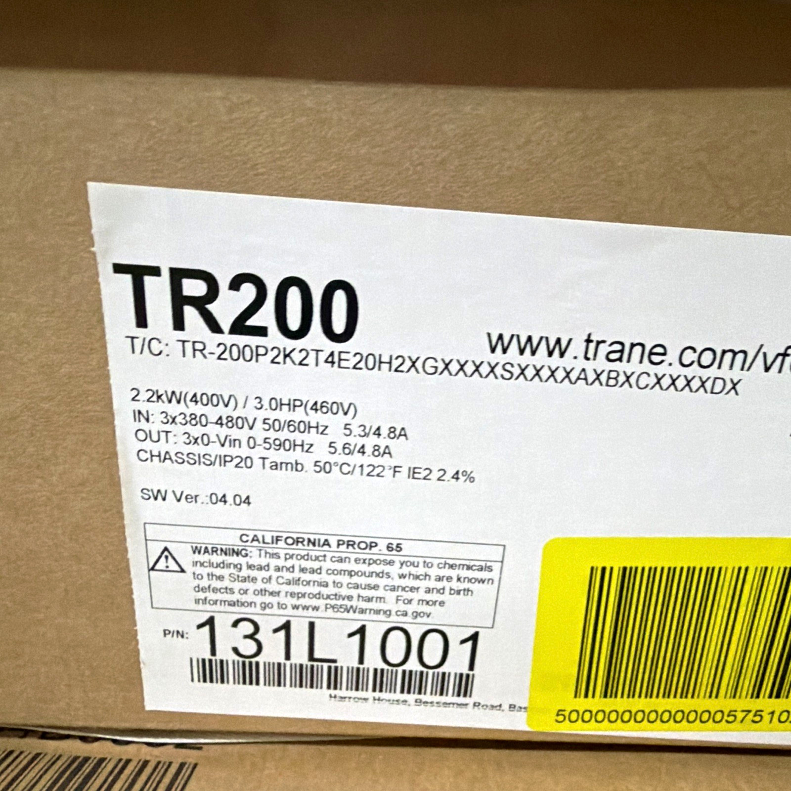 Trane TR200 Variable Frequency Drive VFD 2.2kW 3HP 480V 3-Phase IP20 131L1001 Trane TR200 Variable Frequency Drive VFD 2.2kW 3HP 480V 3-Phase IP20 131L1001