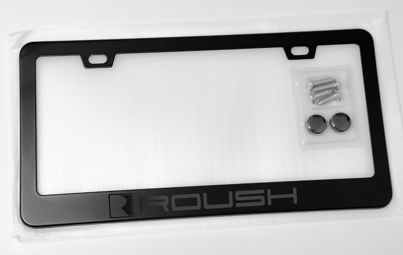 Black on Black ROUSH Premium Metal License Plate Frame with Screws and Caps Black on Black ROUSH Premium Metal License Plate Frame with Screws and Caps