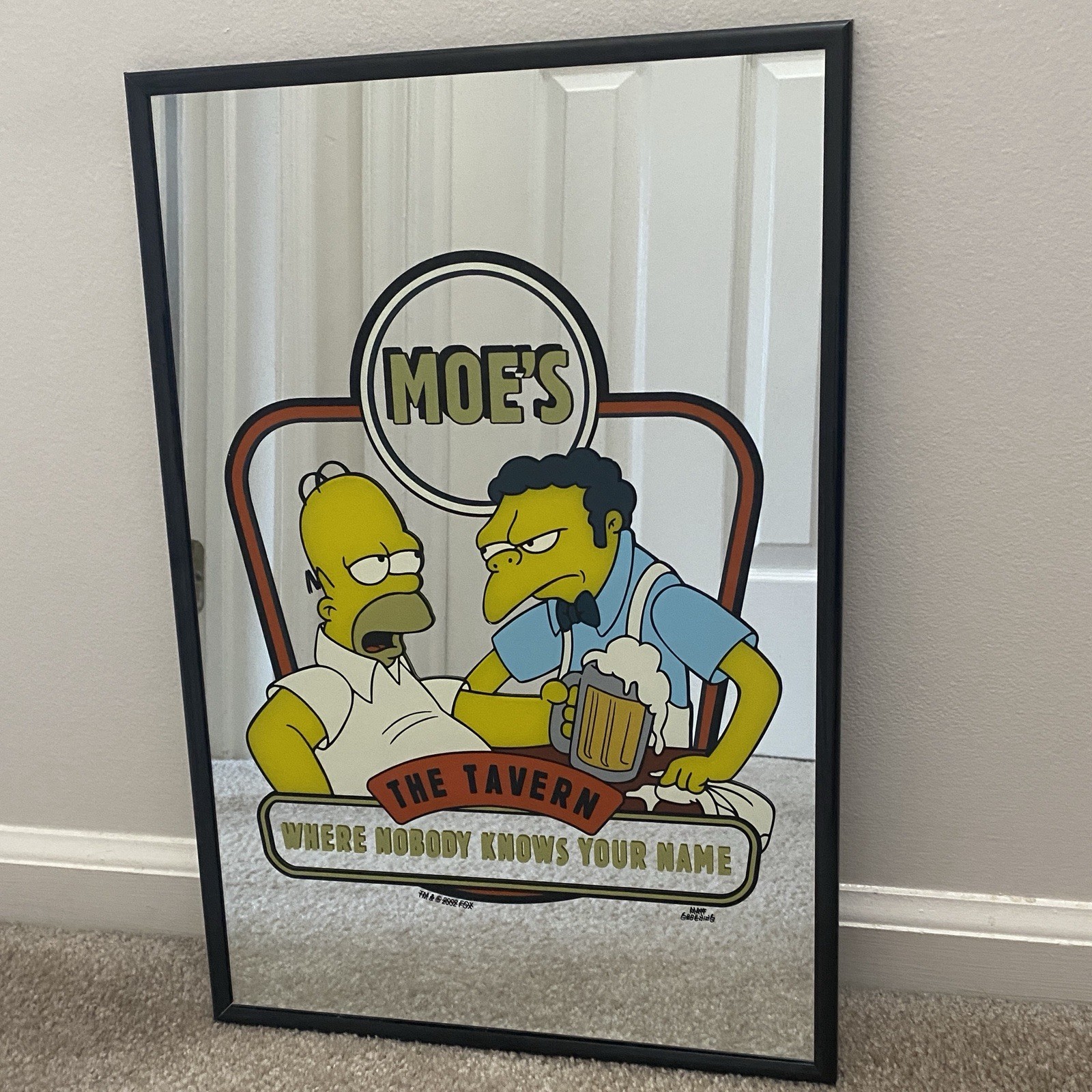 Vintage The Simpson’s Moe’s The Tavern Framed Mirror With Homer & Moe Bar Decor