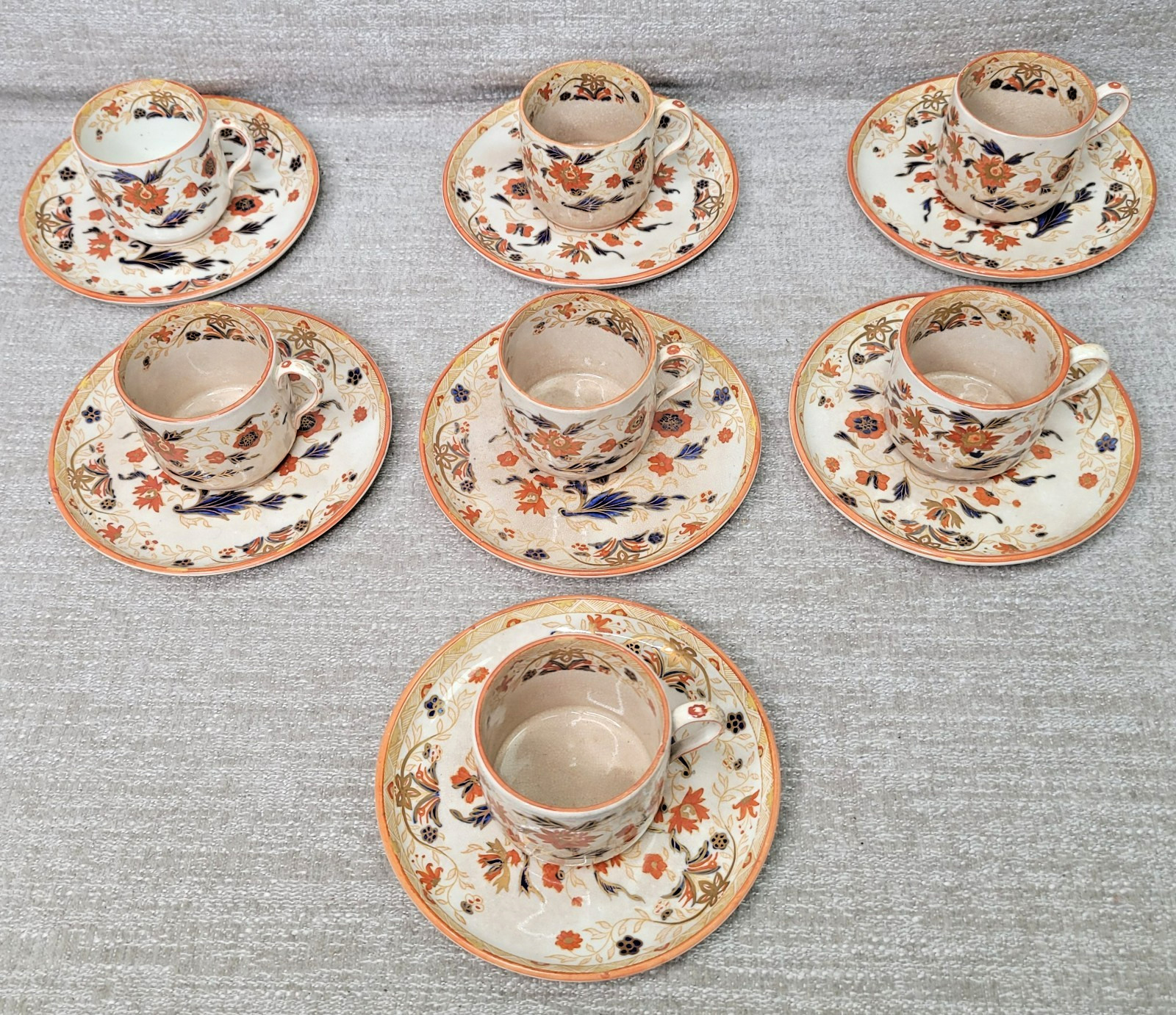 Rare Antique 1875 Wedgwood Imari Demitasse Cups & Saucers Set of 7 Marked A348