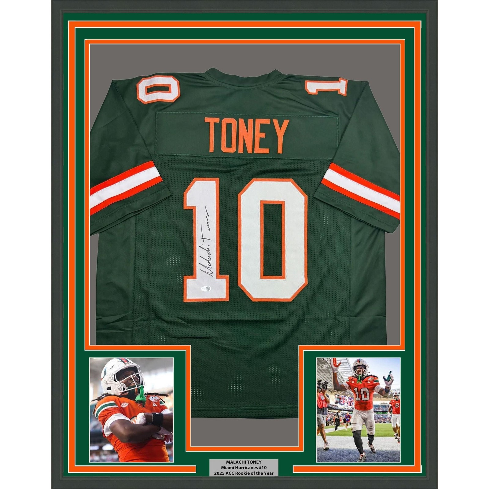 Framed Autographed/Signed Malachi Toney 35x39 Miami Green Jersey JSA COA Framed Autographed/Signed Malachi Toney 35x39 Miami Green Jersey JSA COA