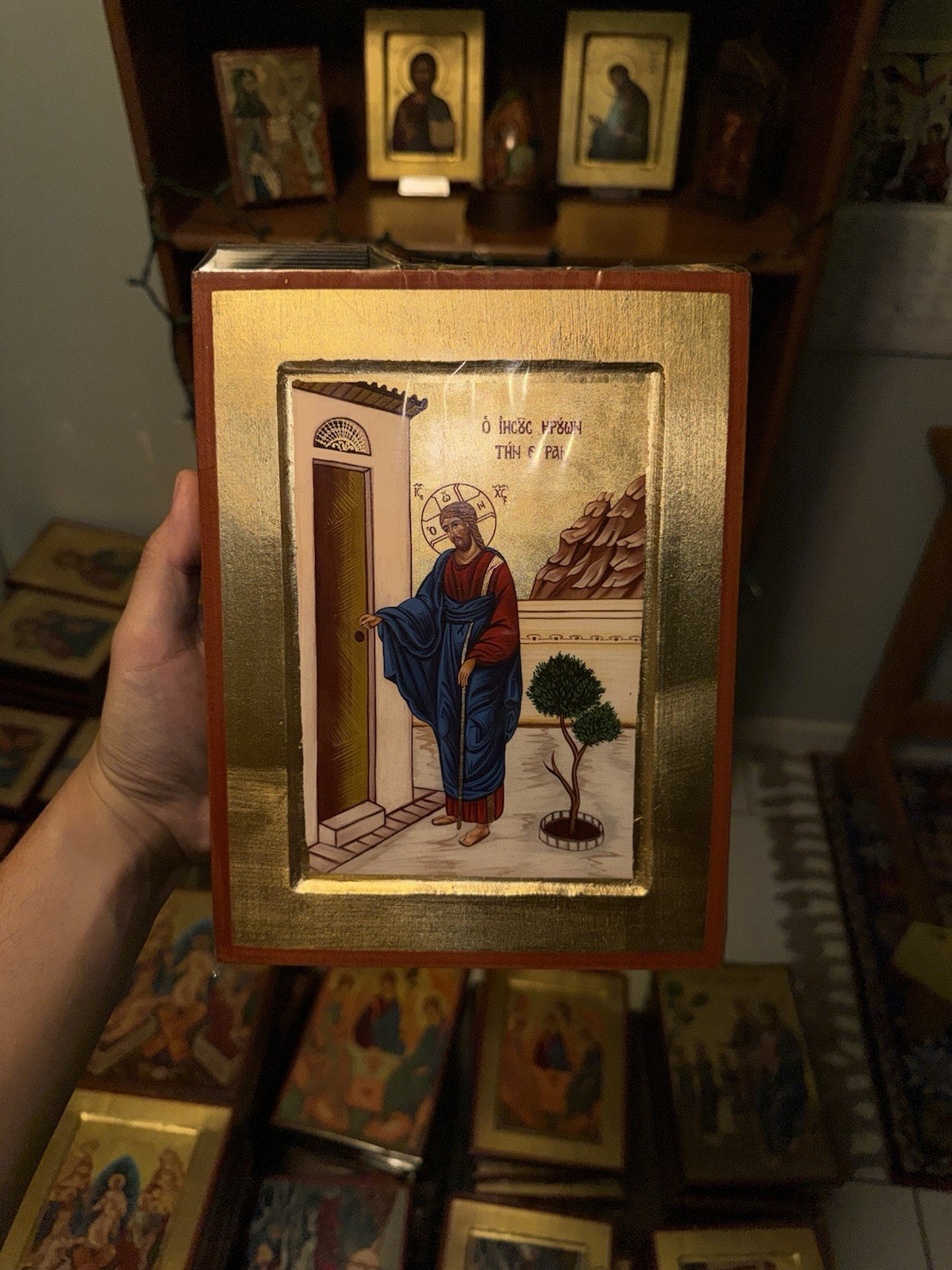 Christ Knocking Orthodox Icon 18kt Gold Leaf Carved Wood (handmade) 18x24cm