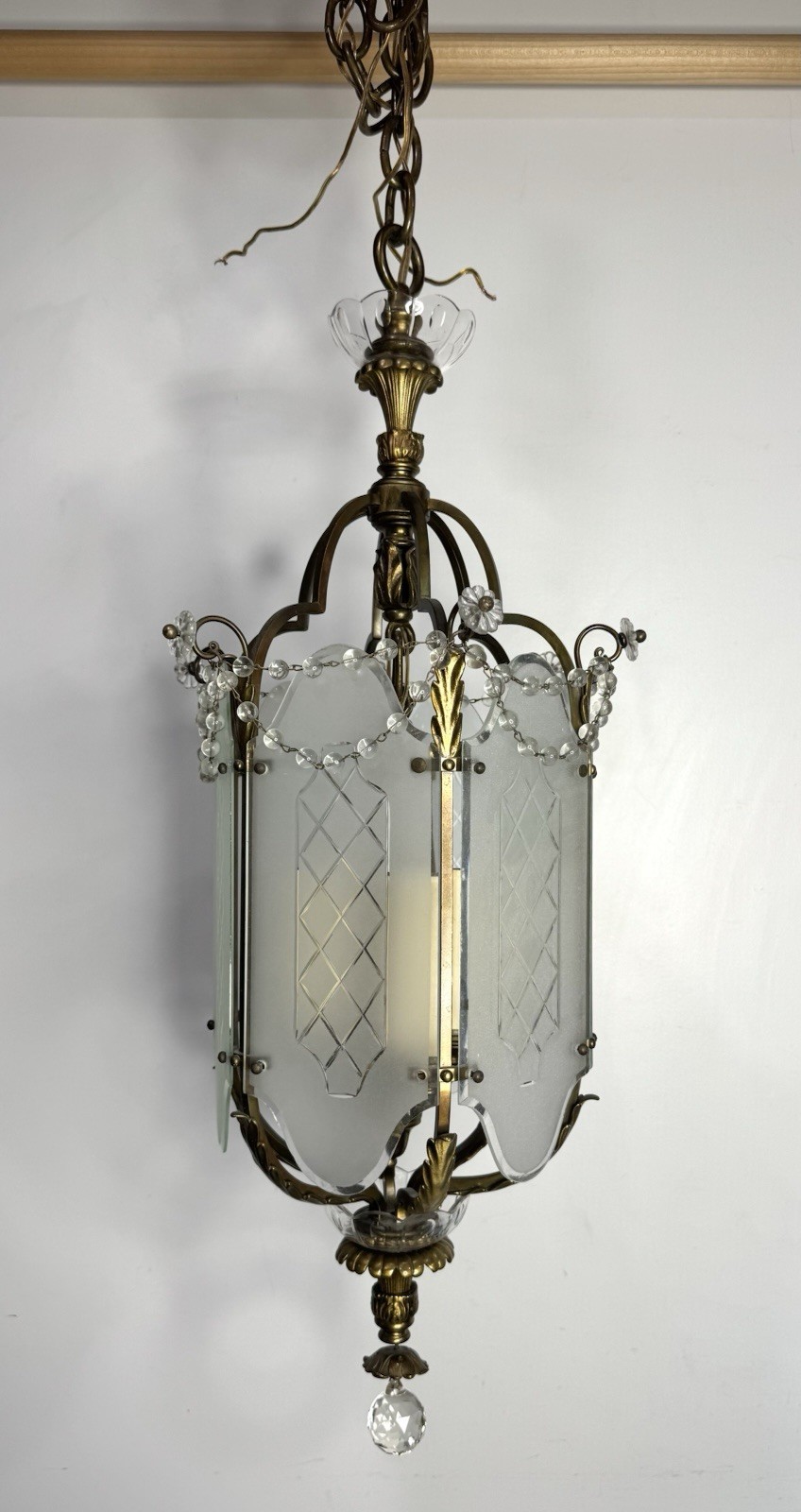 Vintage French Pendent Hanging Light Fixture Gold Brass Glass Panels Vintage French Pendent Hanging Light Fixture Gold Brass Glass Panels