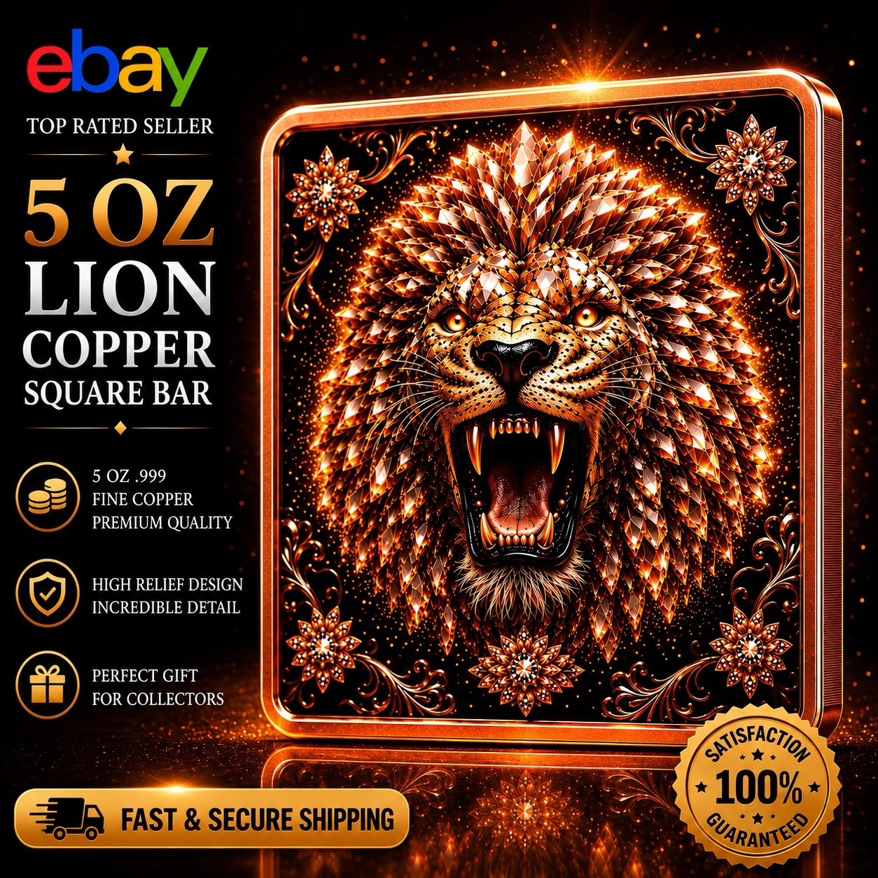 AMAZING Golden Lion High Relief 5 Oz 0.999 Copper Square