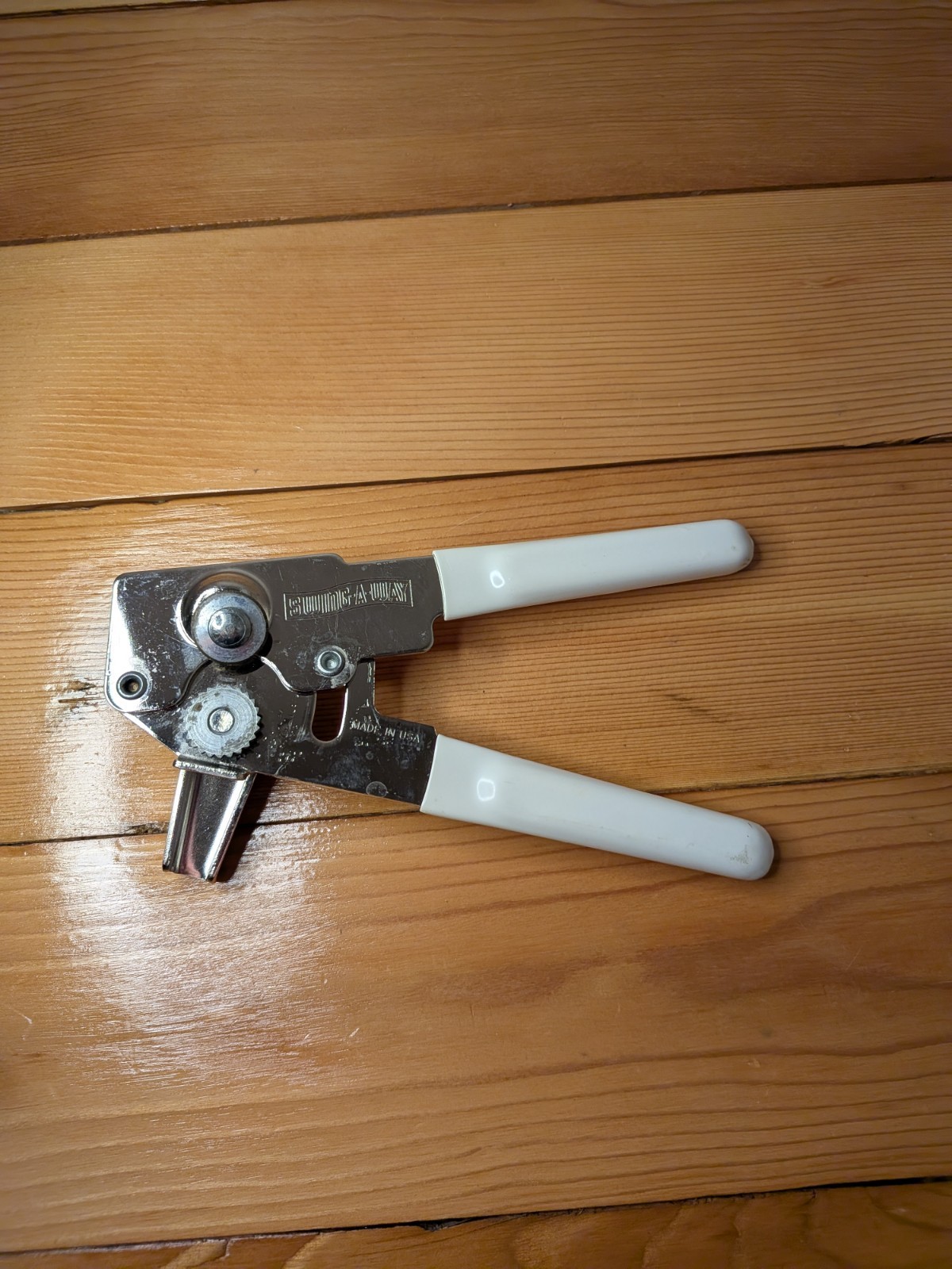 Vintage Swing-A-Way Portable Can Opener White Handles Made in USA Bottle Lifter