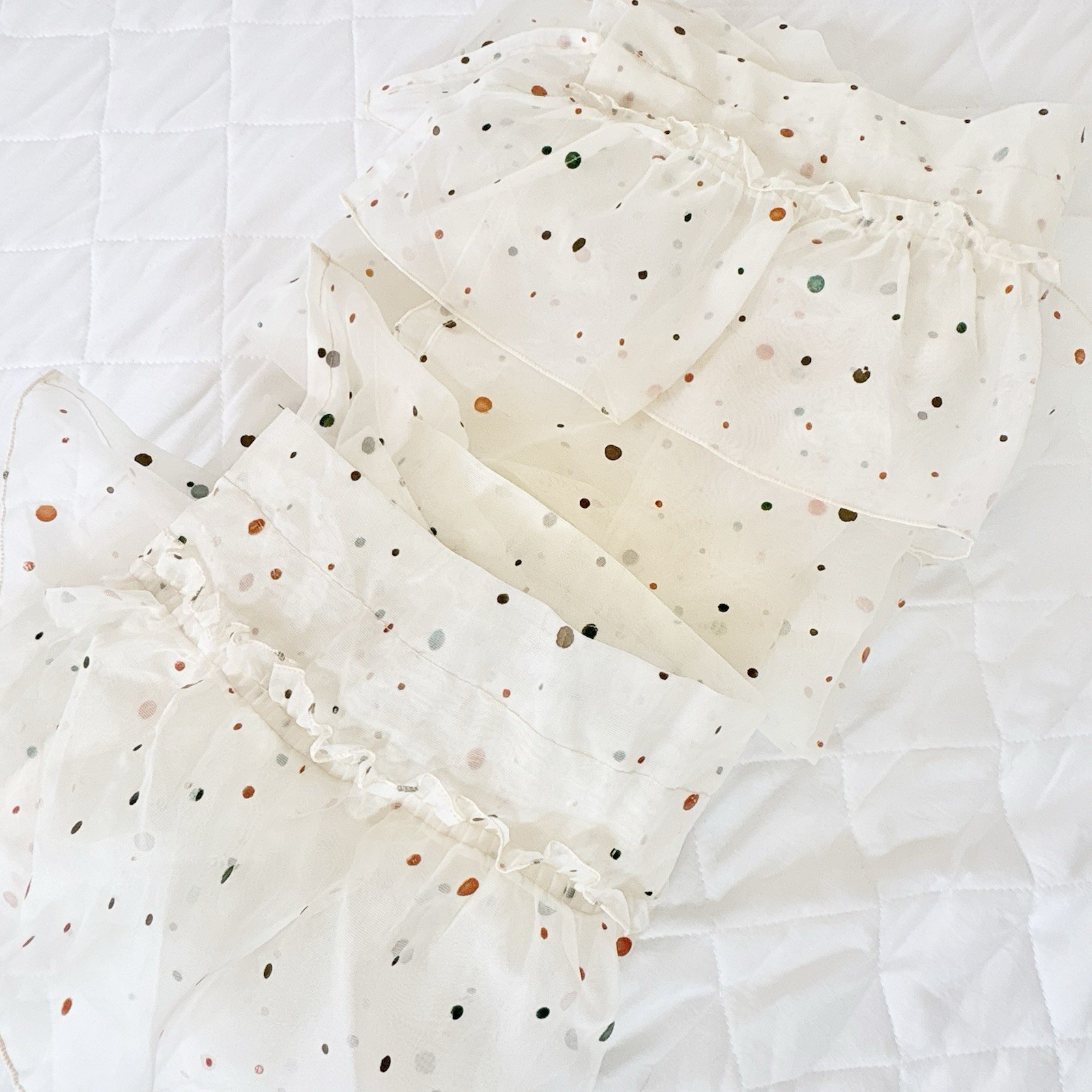 Vtg 50s 60s Cafe Curtains Ruffled Panels Ivory Colorful Polka Dots Sheer PAIR