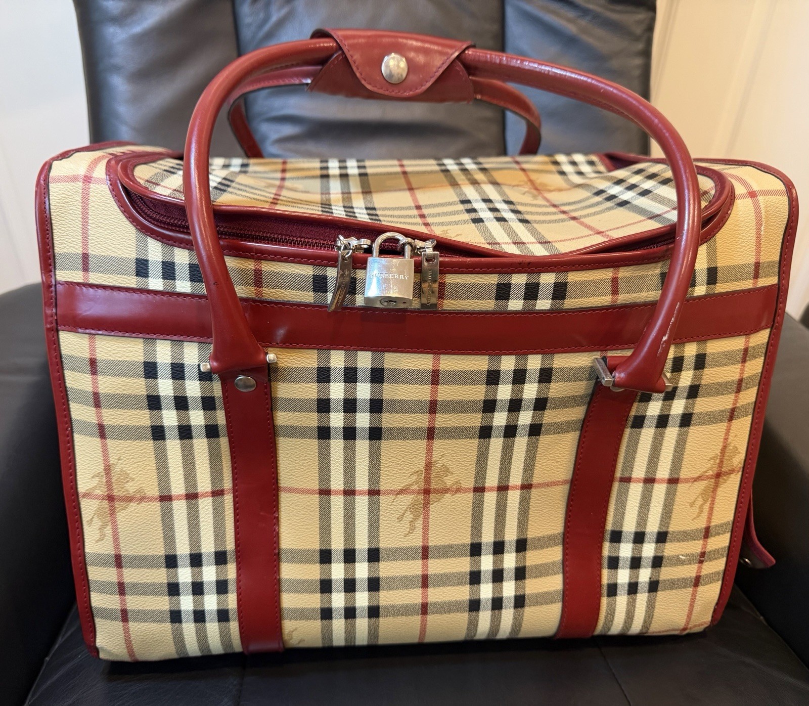 BURBERRY Nova Check Pet Dog Cat Travel Tote Carrier Bag Cinnamon leather trim