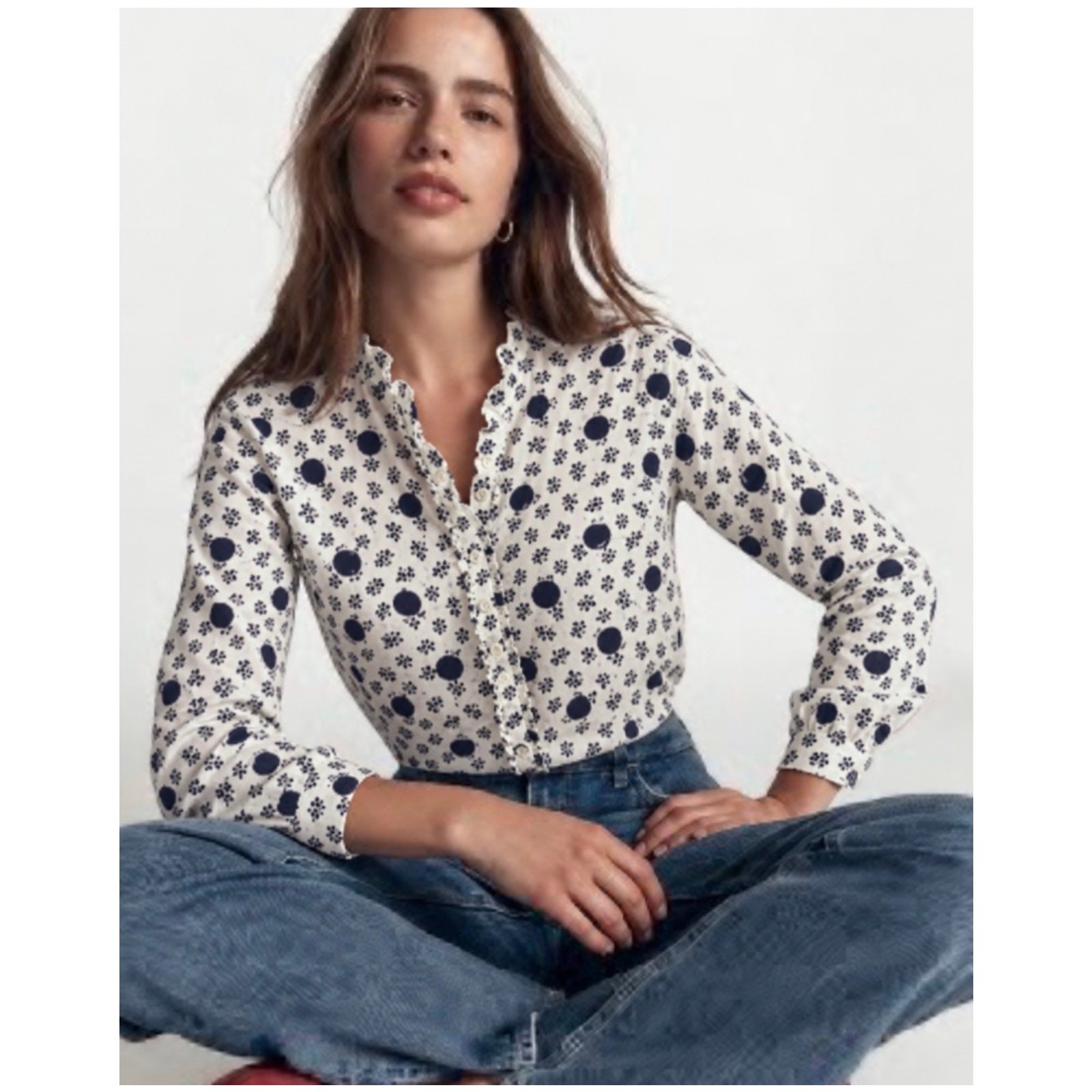 Boden Ruffled Trim Button Front Cotton Top Ivory & Navy Size 8