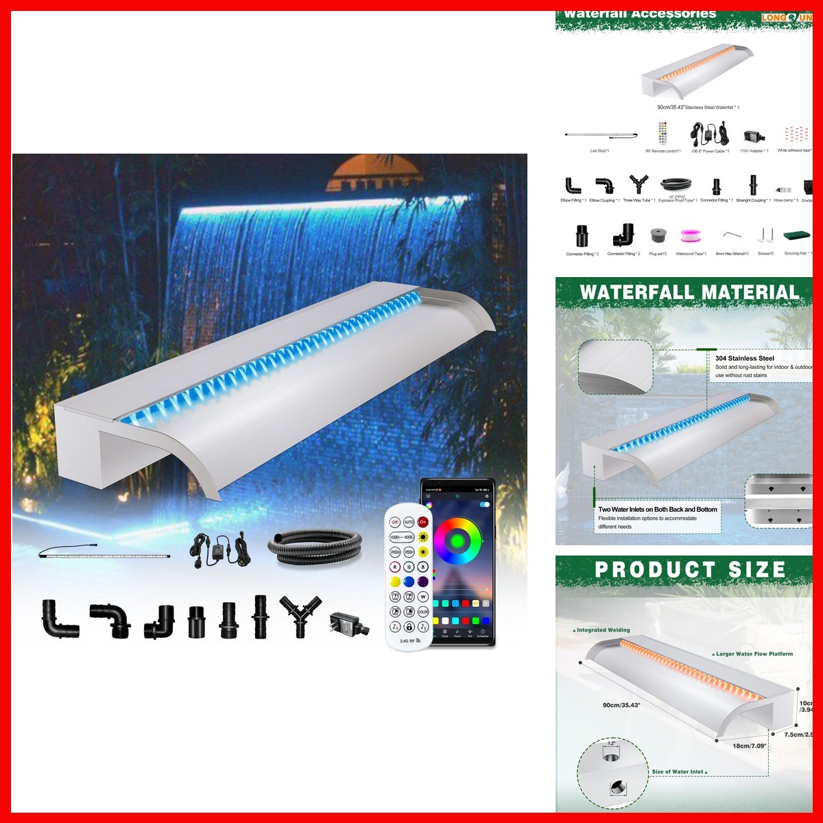 Waterfall Pool Fountain, LONGRUN Stainless Steel Waterfall Spillway Pools And