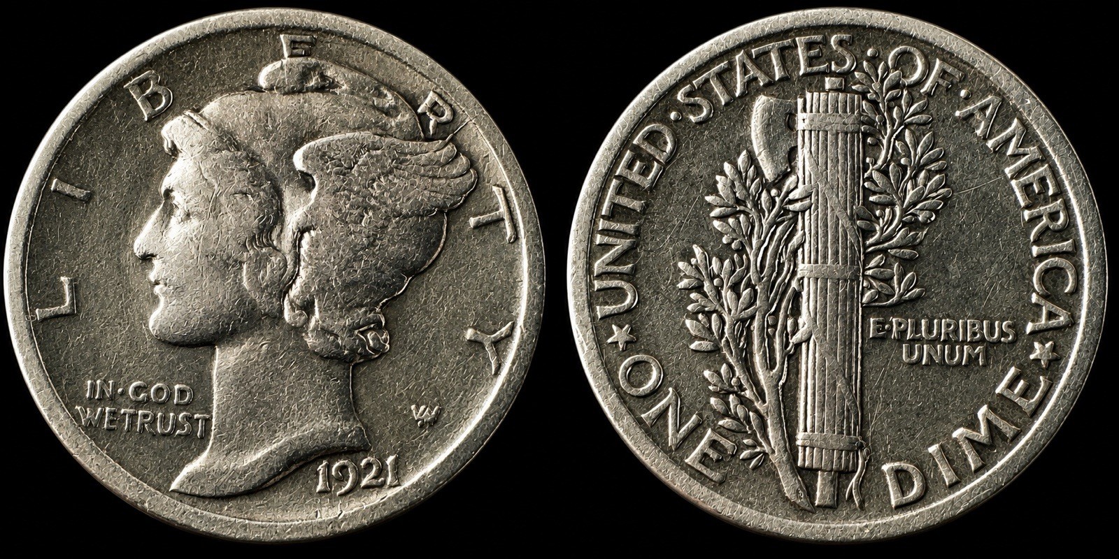1921 Mercury Dime 90% Silver Vintage US Coin Winged Liberty Head Key Date VF