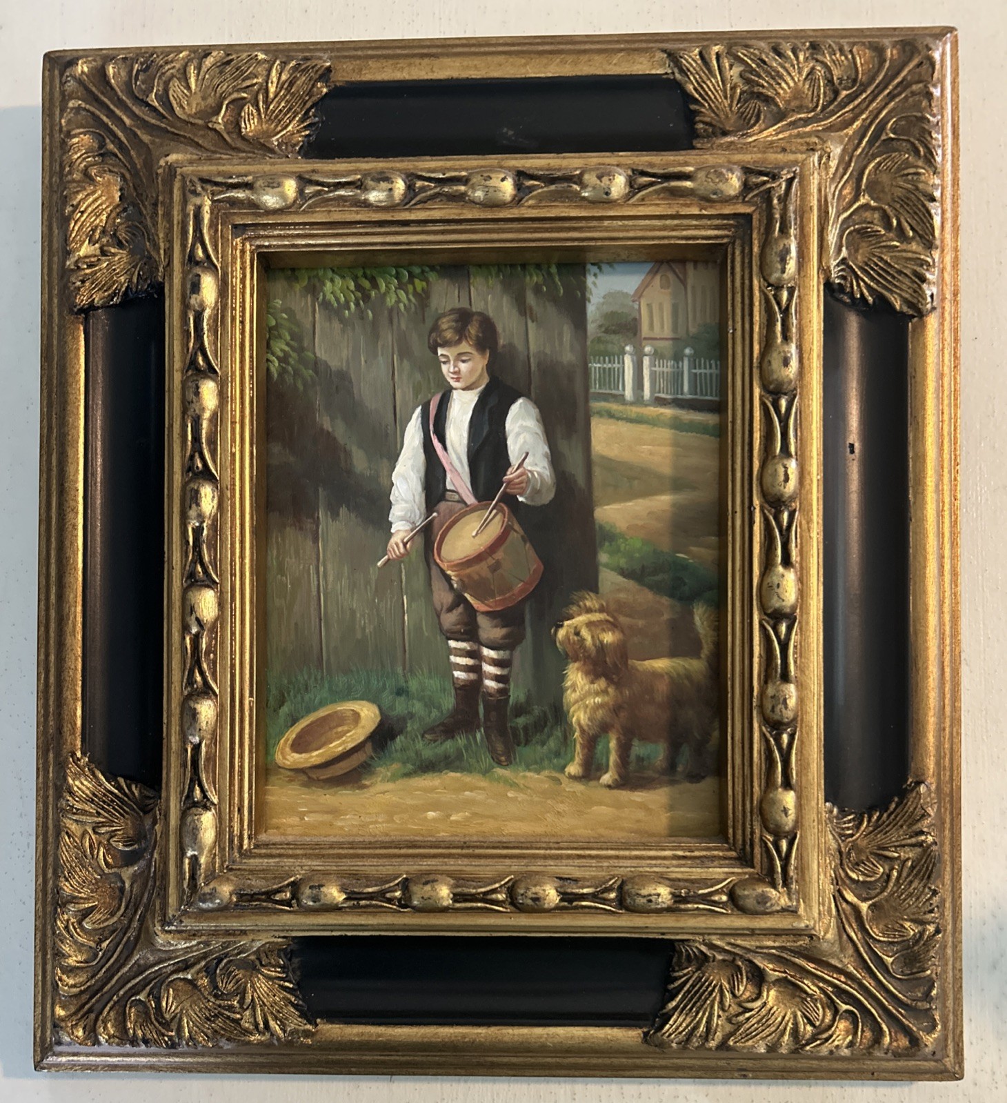 Antique 19th Century Genre Oil Painting Boy Playing Drum w/Dog Ornate Gold Frame Antique 19th Century Genre Oil Painting Boy Playing Drum w/Dog Ornate Gold Frame