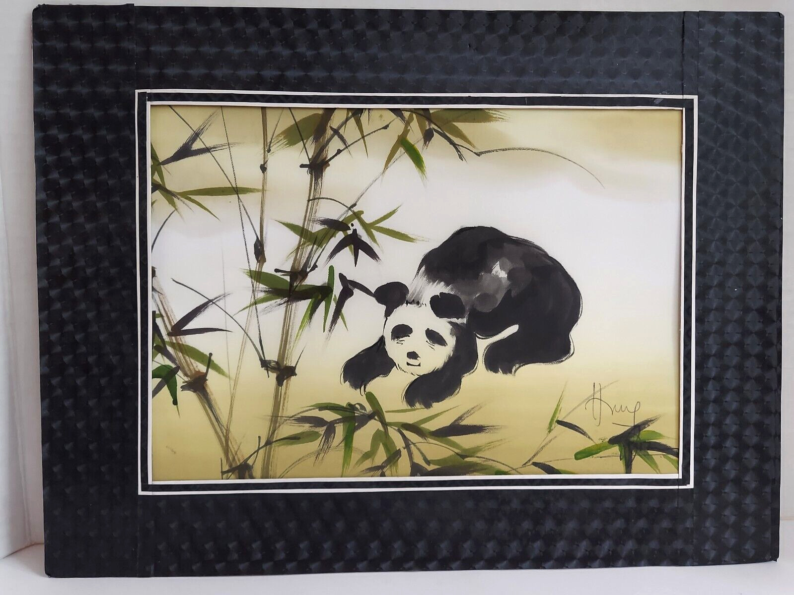 Original Signed Vietnamese painting on Silk Panda Bear by Pham Quoc Hung