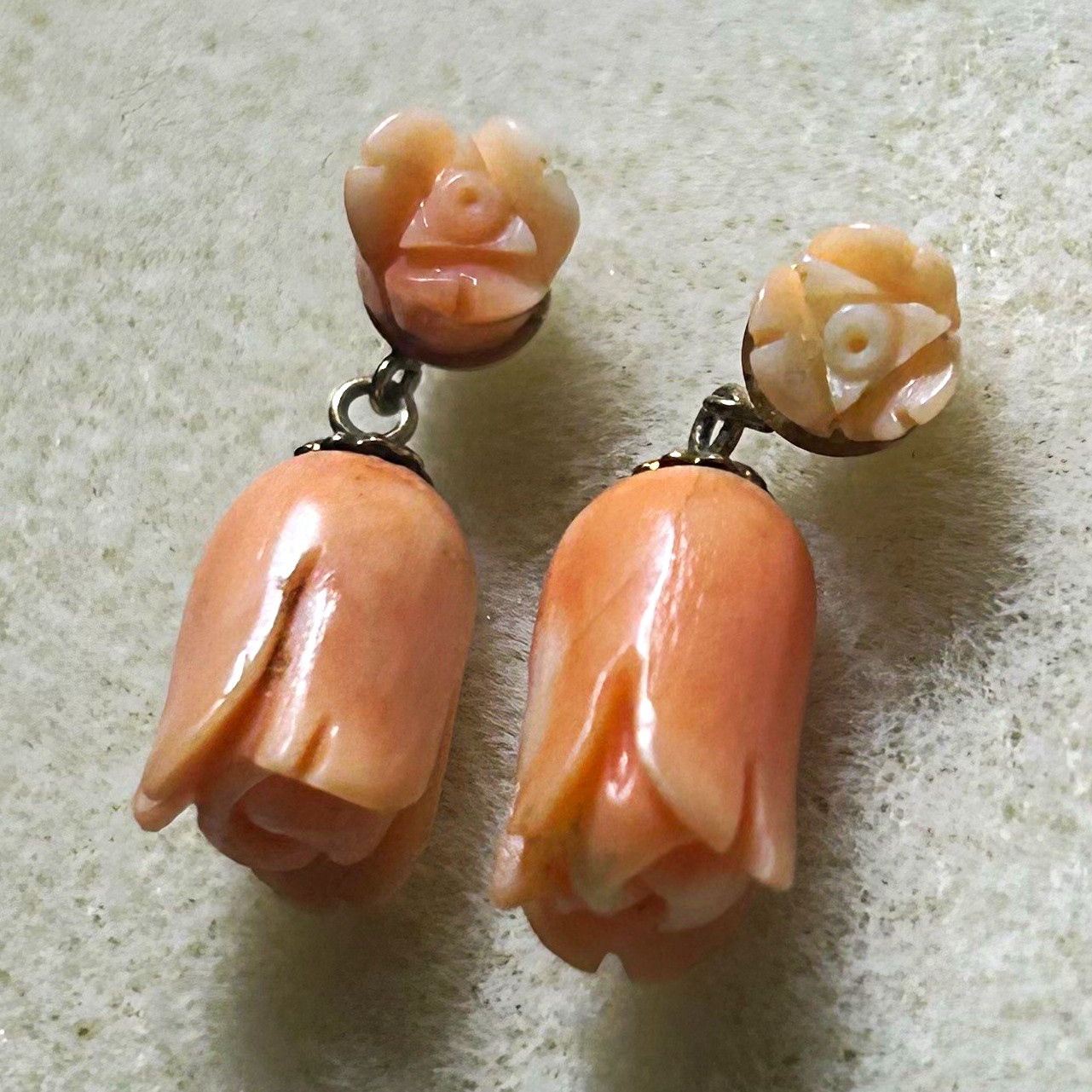 Antique 14k angel skin carved coral rose stud earrings with coral tulip drops Antique 14k angel skin carved coral rose stud earrings with coral tulip drops