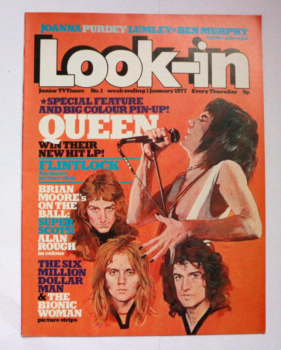 look-in magazine #1 1977, queen cover and poster, new avengers purdey poster look-in magazine #1 1977, queen cover and poster, new avengers purdey poster