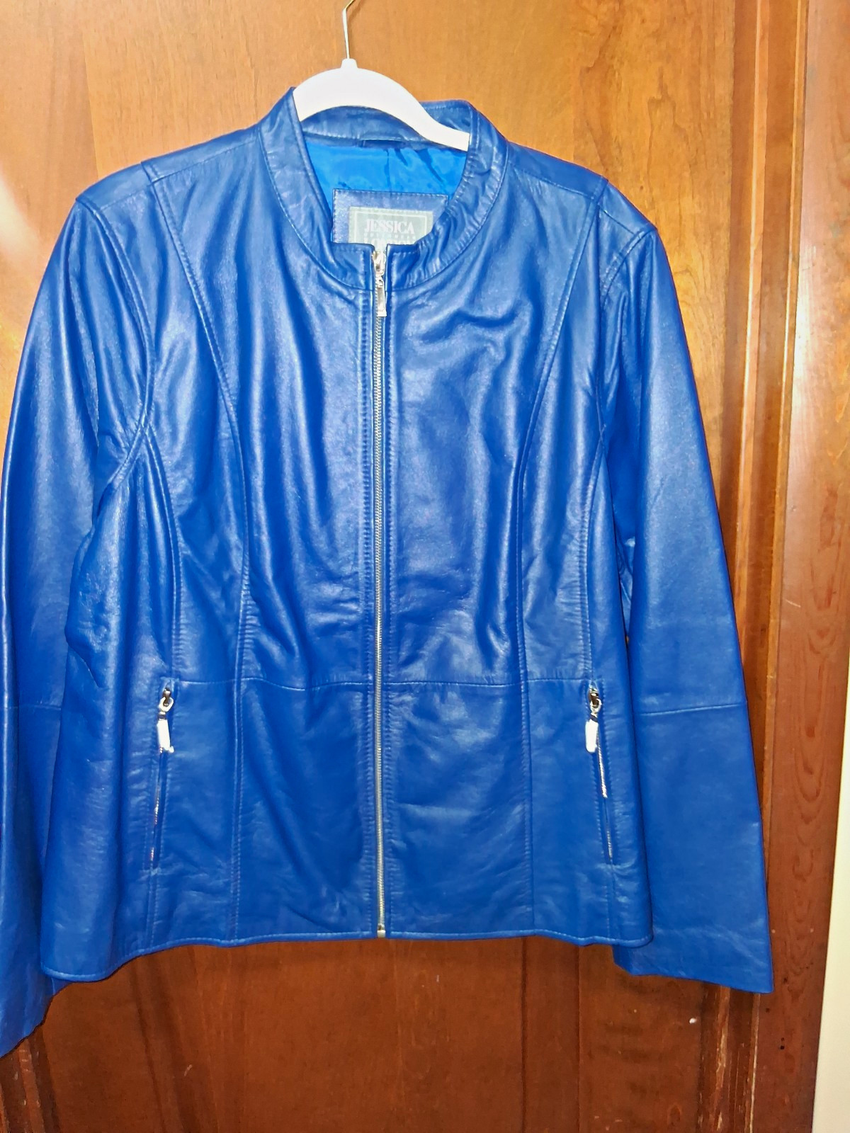 Jessica London Blue Leather Zip Front Lined Short Jacket 20W Long Sleeve