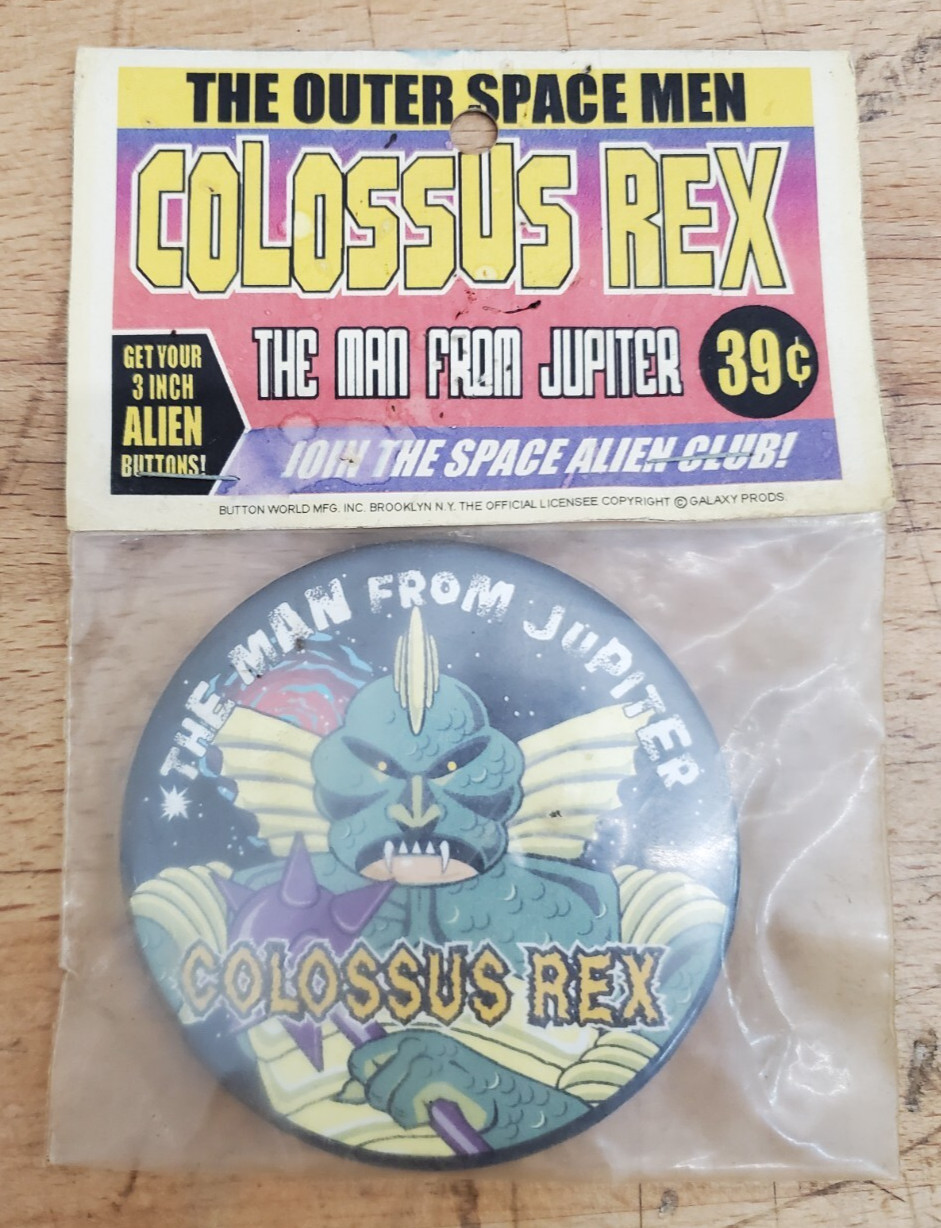 Vintage 1966-68 Colossus Rex The Man From Jupiter Button - SEALED - NEW