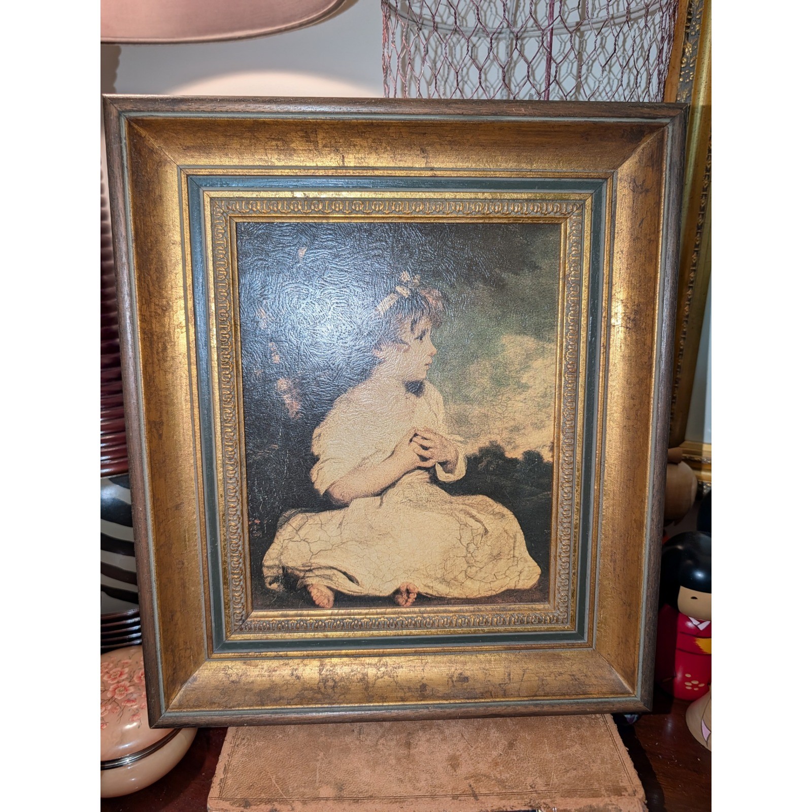 Vintage Ornate Gilded Framed Portrait Print Young Girl in White Dress 13.5x12