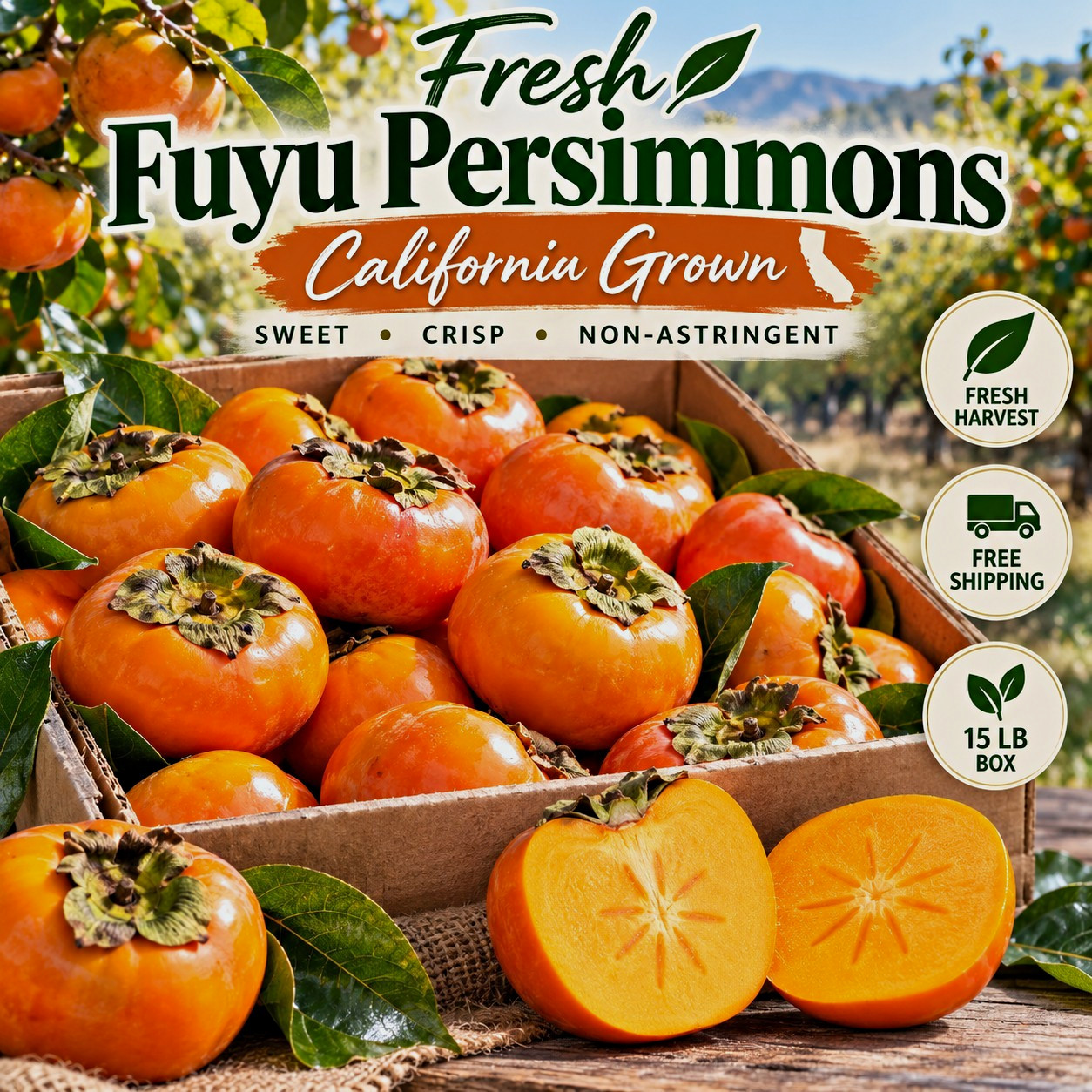 Fresh Harvest Fuyu Persimmons 15 lb Box California Grown Non-Astringent