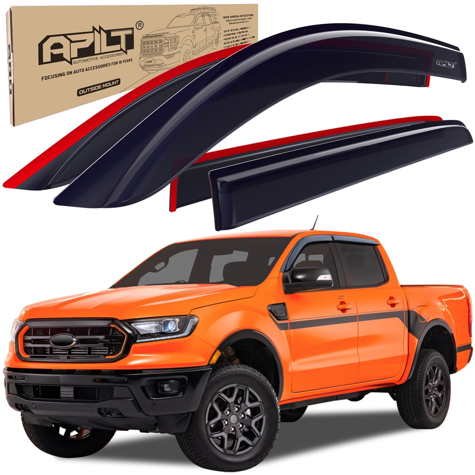 2019-2026 Ford Ranger Window Visors Rain Guards - Dark Smoke Wind Deflectors 4-P 2019-2026 Ford Ranger Window Visors Rain Guards - Dark Smoke Wind Deflectors 4-P