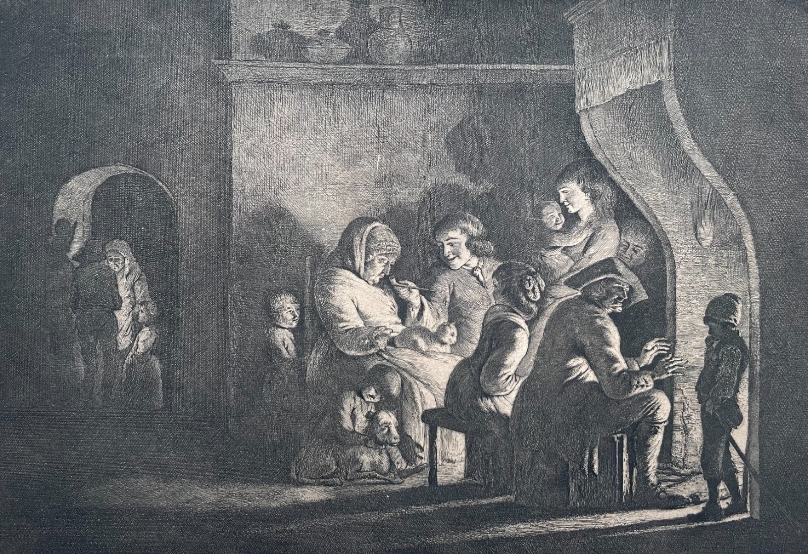 Jean-Jacques De Boissieu, animated scene in front of the fireplace, antique engraving