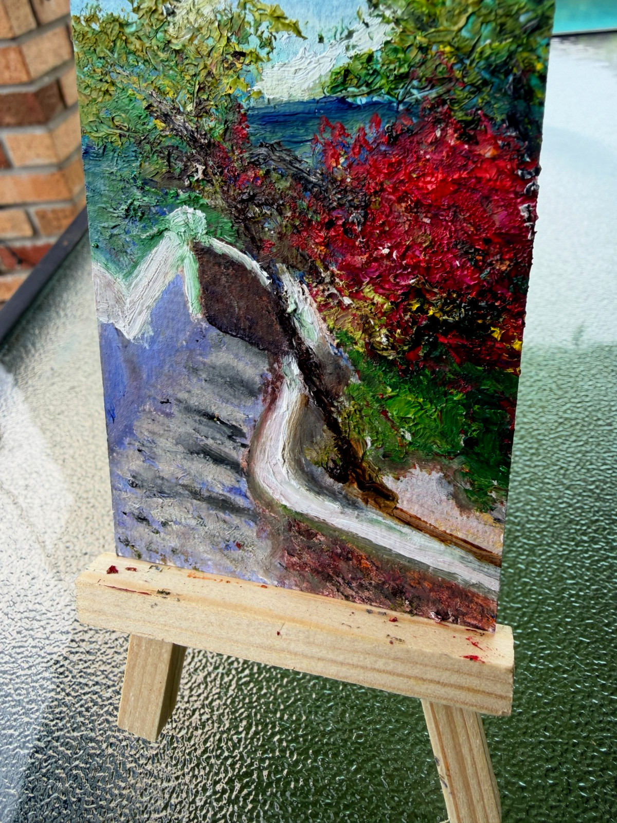 ACEO by Vicki Perez OOAK Autumn Path oil painting with tree of red leaves