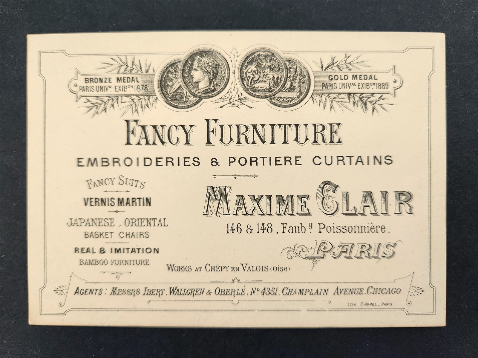 1800s antique AD CARD paris MAXIME CLAIR fancy furniture embroideries curtians