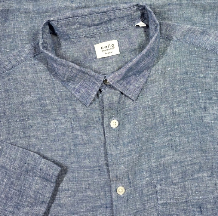 CELIO Mens Button Up Linen Camp SHIRT EUR L-41/42 US 16.5 Blue Short Sleeve