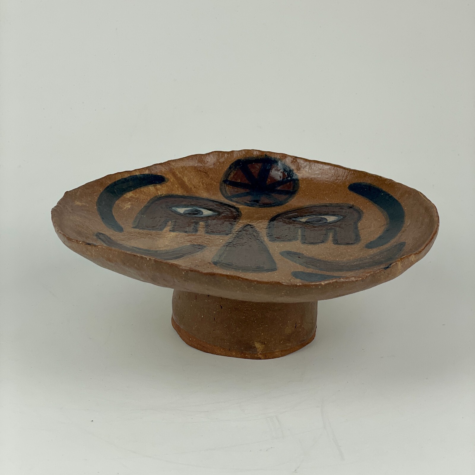 Unique Mid-Century Modern Ceramic Illustrated Face Pedestal Dish / Compote