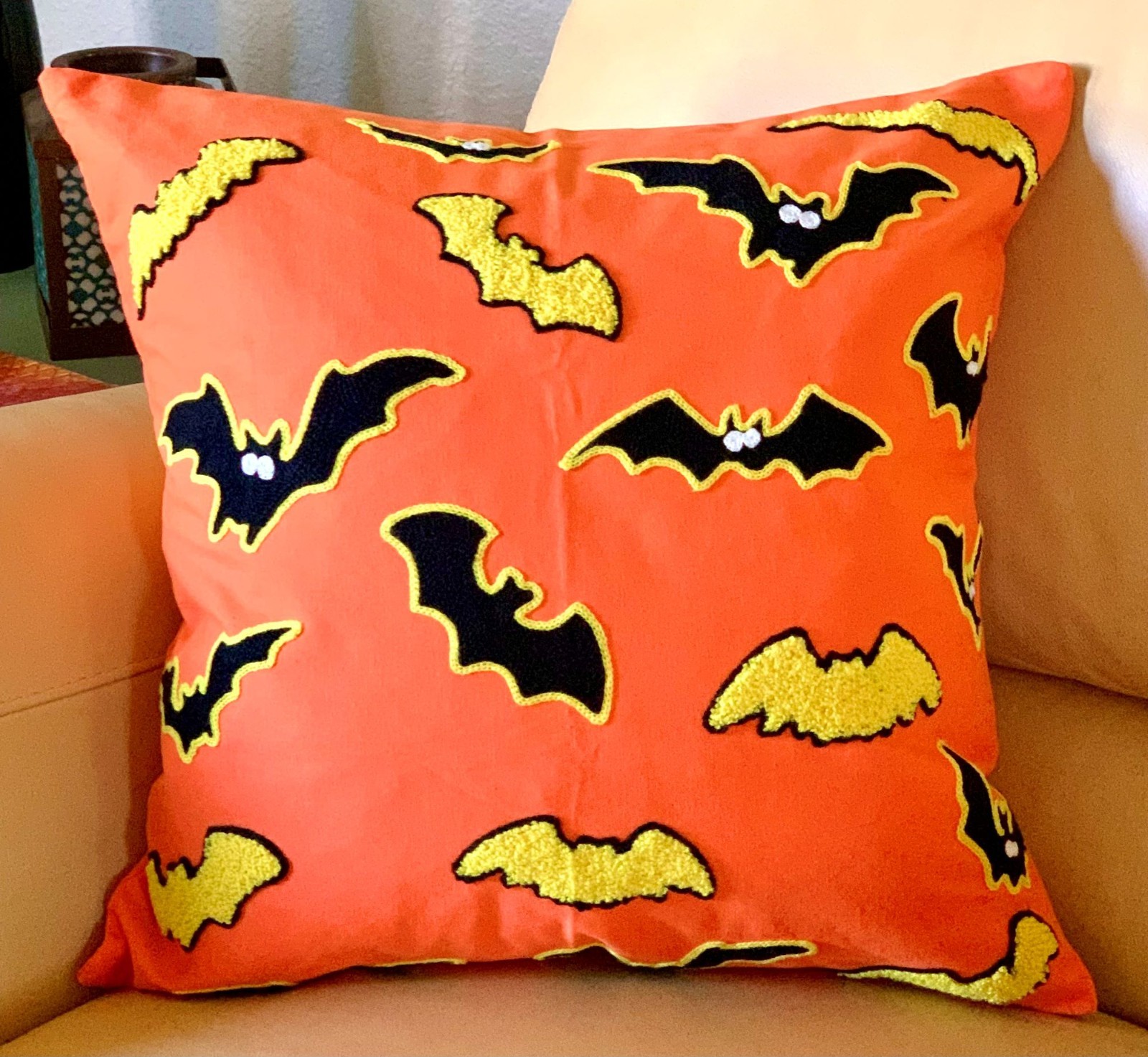 18x18 Cute 100% Cotton Orange Whimsical Embroidered Halloween Tufted Flying Bats 18x18 Cute 100% Cotton Orange Whimsical Embroidered Halloween Tufted Flying Bats