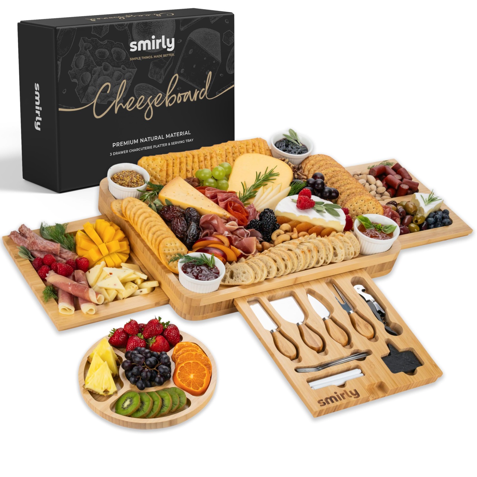 SMIRLY Charcuterie Boards Set - Large Bamboo Cheese Board Set - House Warming Gi