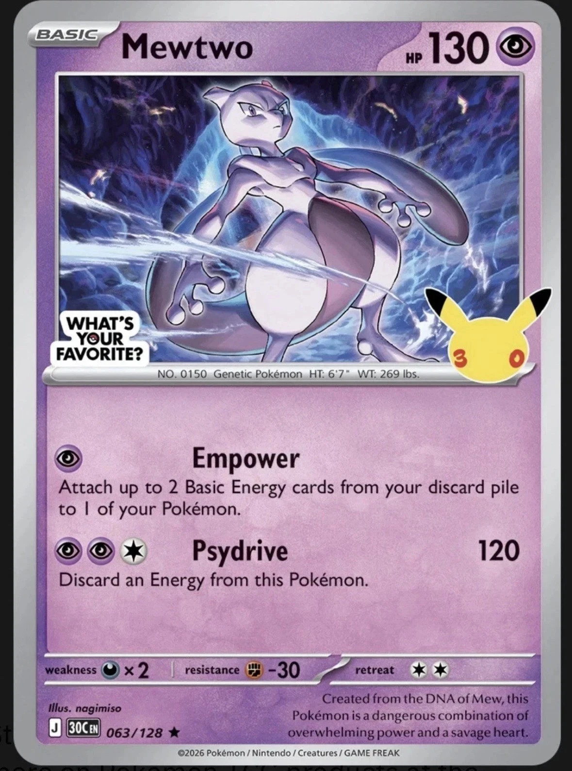 Mewtwo Pokemon 30th Anniversary Celebrations Promo Card Exclusive 063/128 SEALED