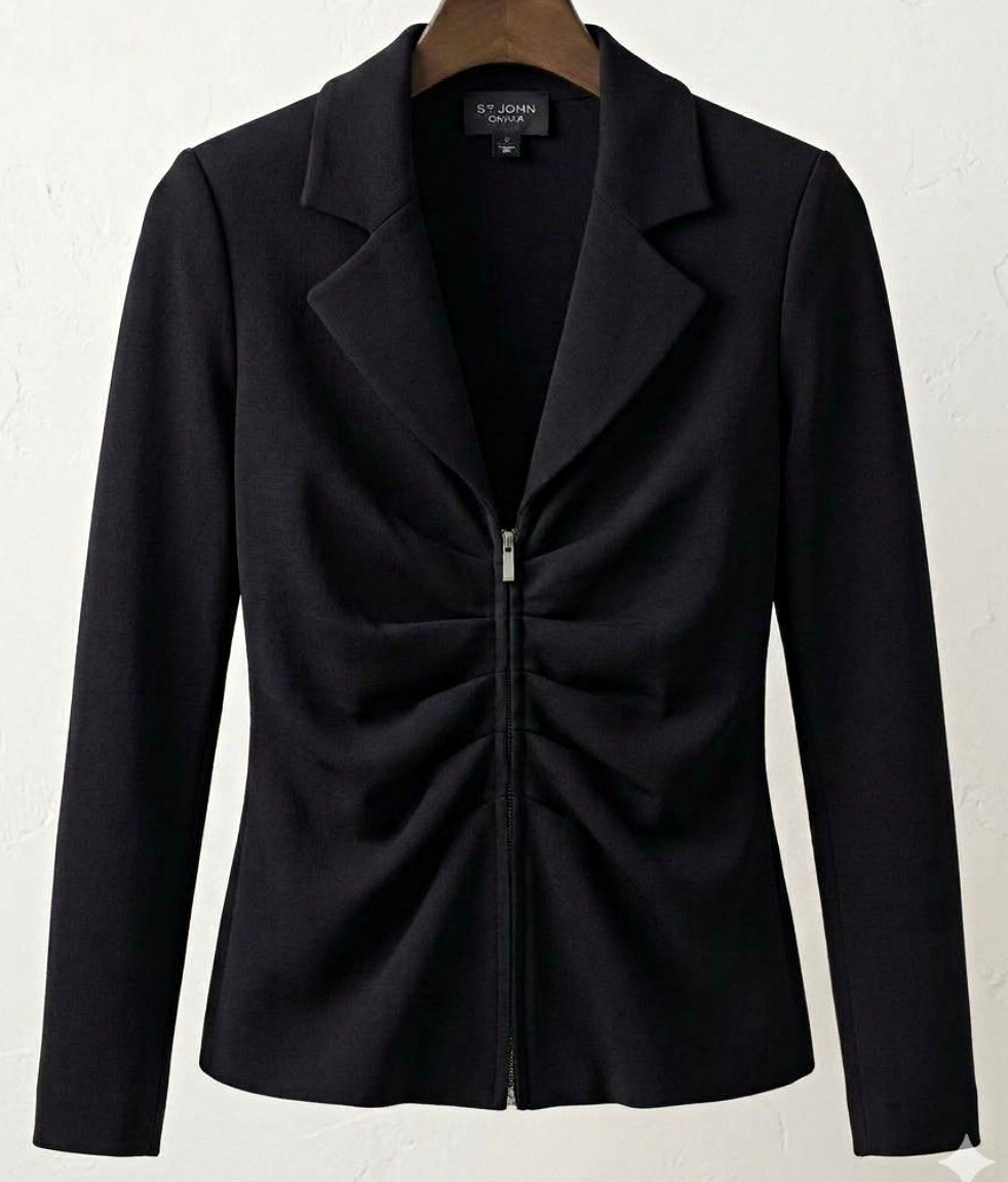 St. John Caviar Women’s Black Zip Front Collared Short Basic Jacket Size 6 St. John Caviar Women’s Black Zip Front Collared Short Basic Jacket Size 6
