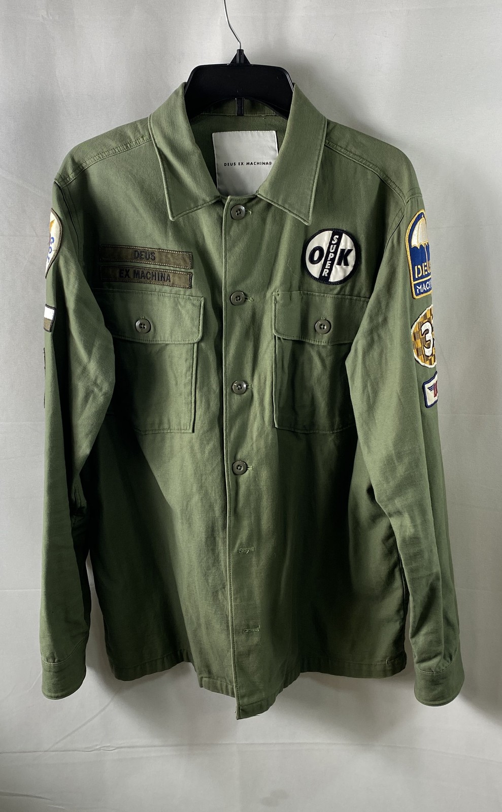 Deus Ex Machina Men\'s Monty Over Shirt Jacket Olive Green Patched Utility Cotton