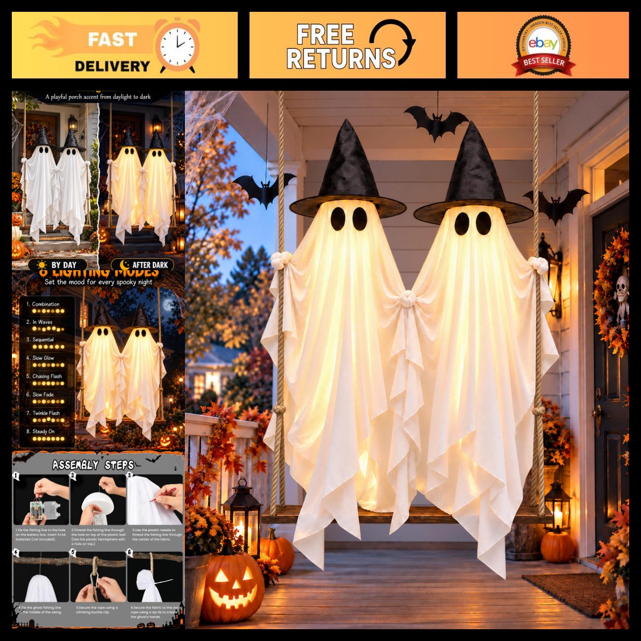 Halloween Swinging Ghosts Outdoor Decor - 2 Hanging Lighted Displays, 8 Modes, B Halloween Swinging Ghosts Outdoor Decor - 2 Hanging Lighted Displays, 8 Modes, B