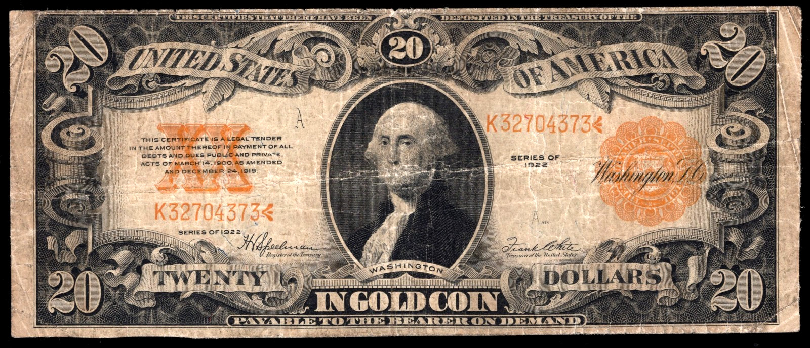 1922 $20 TWENTY DOLLAR GOLD CERTIFICATE LARGE SIZE FR. 1187 FINE CIRCULATED
