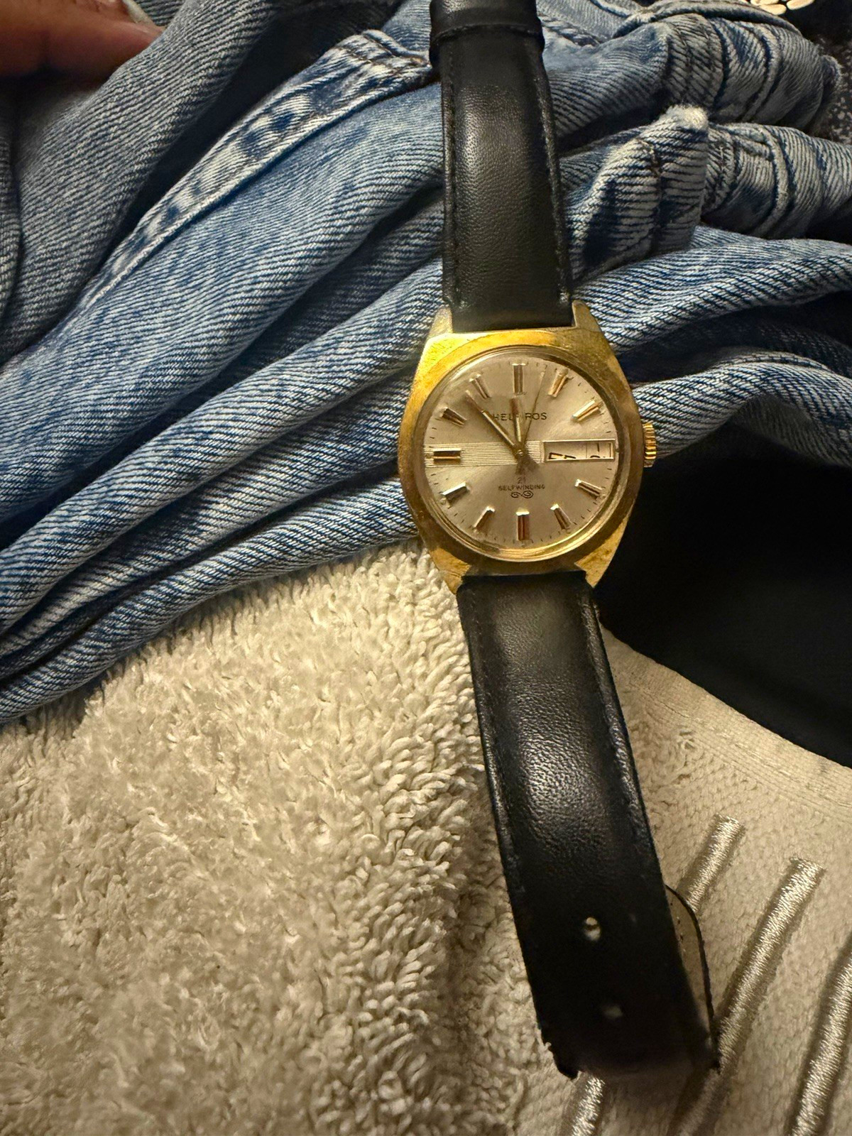 Helbros Self Winding Automatic Day/Date Silver Dial Gold SS Black Leather
