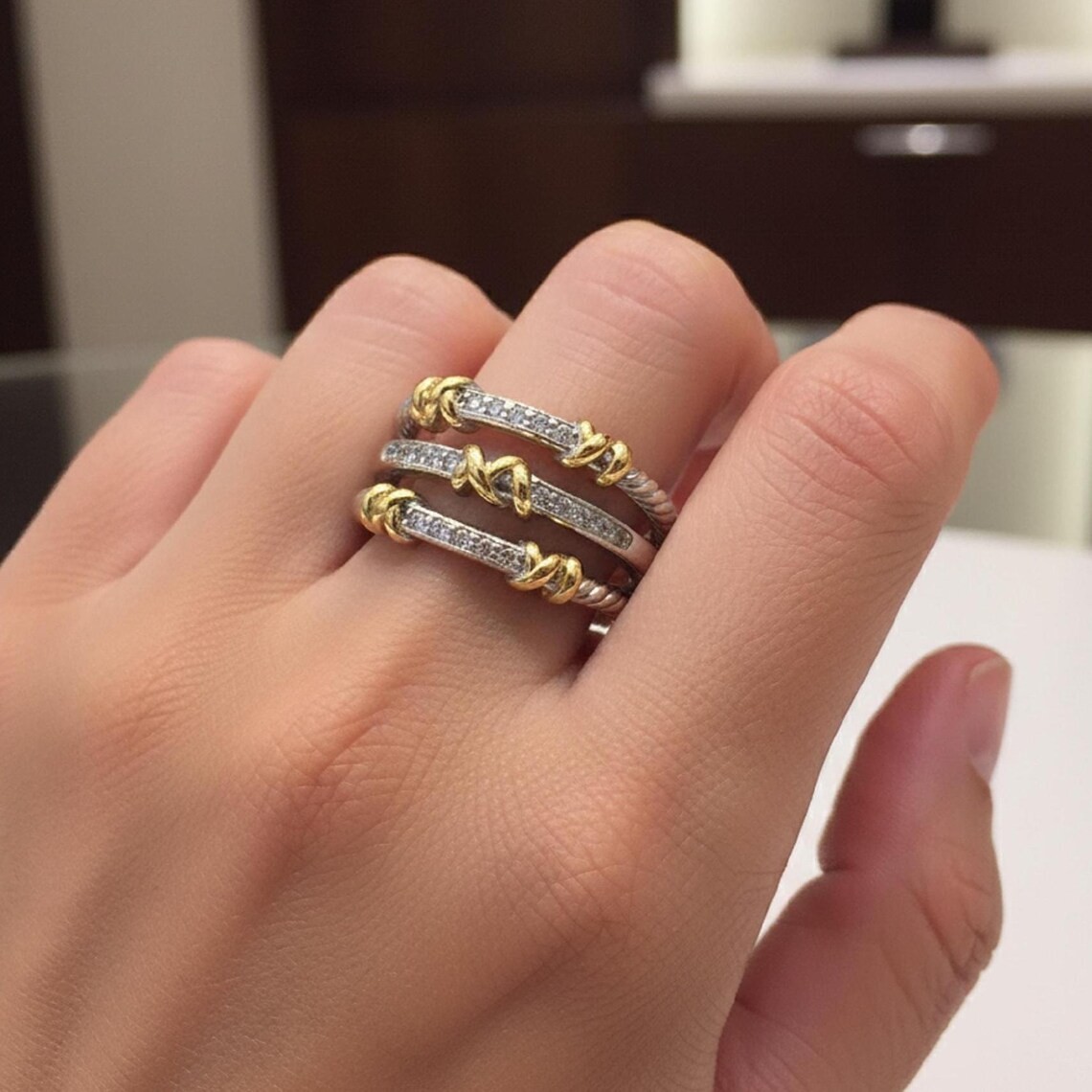 David Yurman Two-Tone Cable Stack Ring in Silver and Gold David Yurman Two-Tone Cable Stack Ring in Silver and Gold