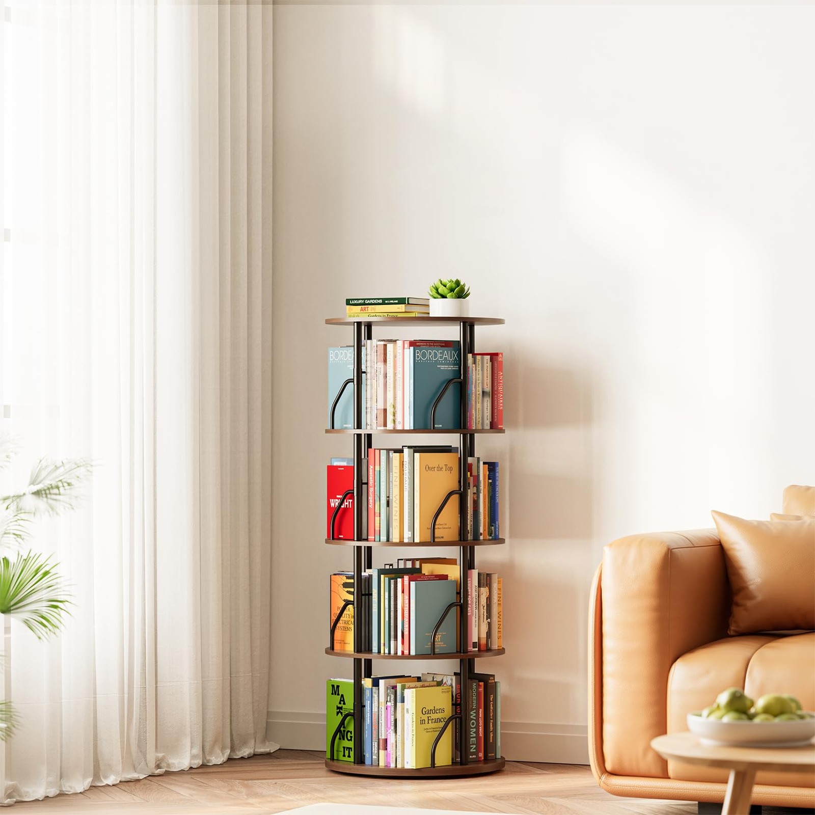 SpaceAid 4 Tier Rotating Bookshelf Tower, Brown Wood