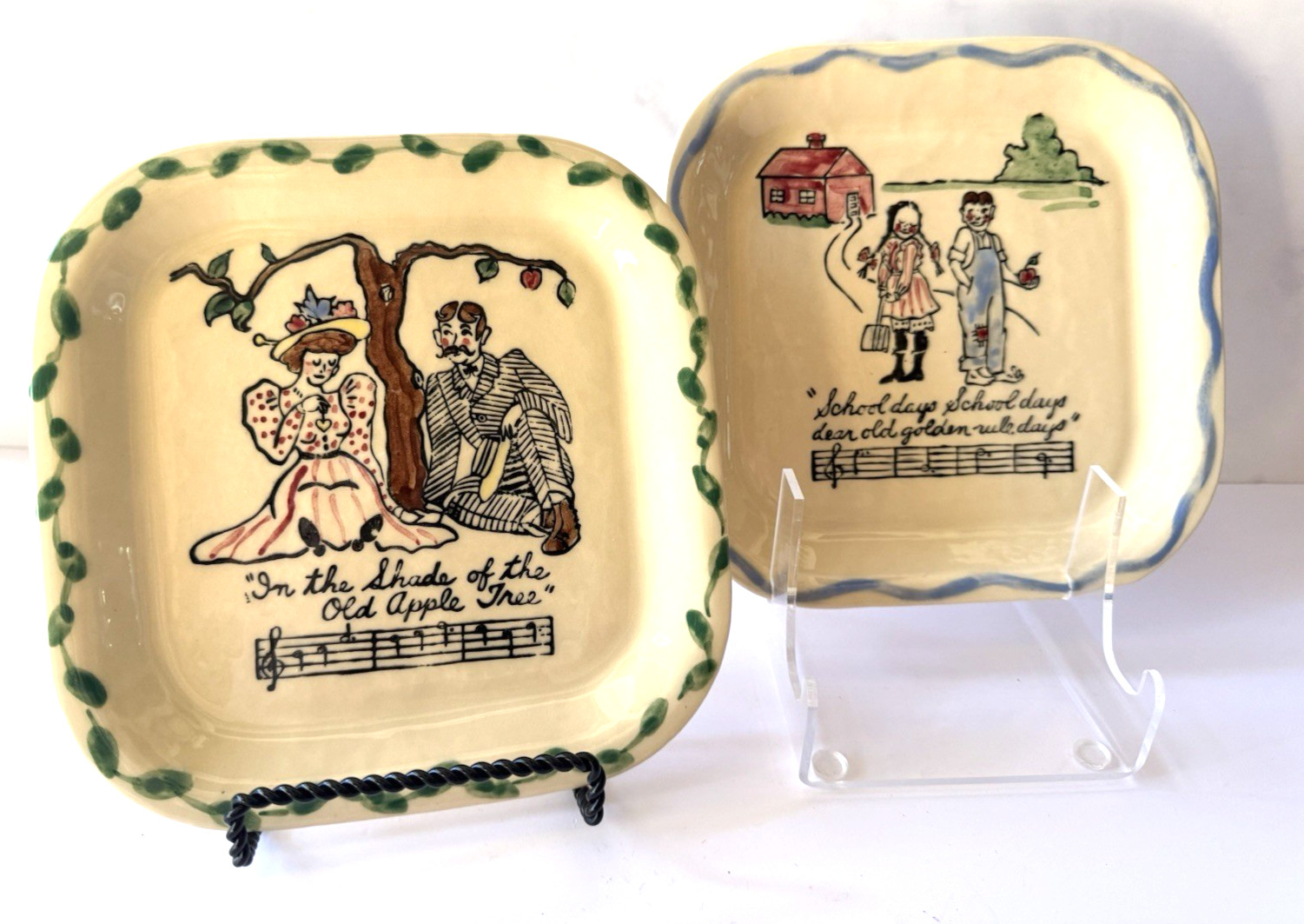 Vintage Los Angeles Potteries 7” Square Plates School Days/Under Apple Tree Vintage Los Angeles Potteries 7” Square Plates School Days/Under Apple Tree