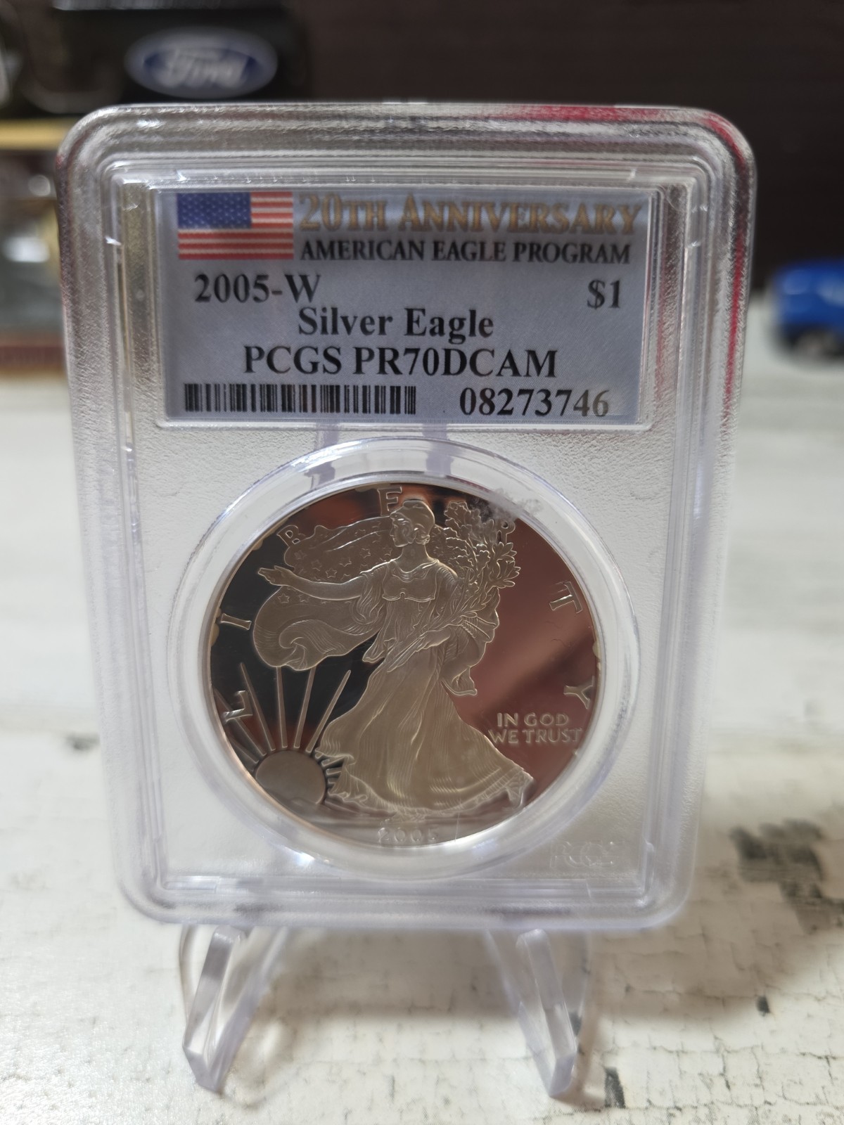 2005 W PROOF SILVER EAGLE PCGS PR70 DCAM 20TH ANNIVERSARY LABEL 2005 W PROOF SILVER EAGLE PCGS PR70 DCAM 20TH ANNIVERSARY LABEL