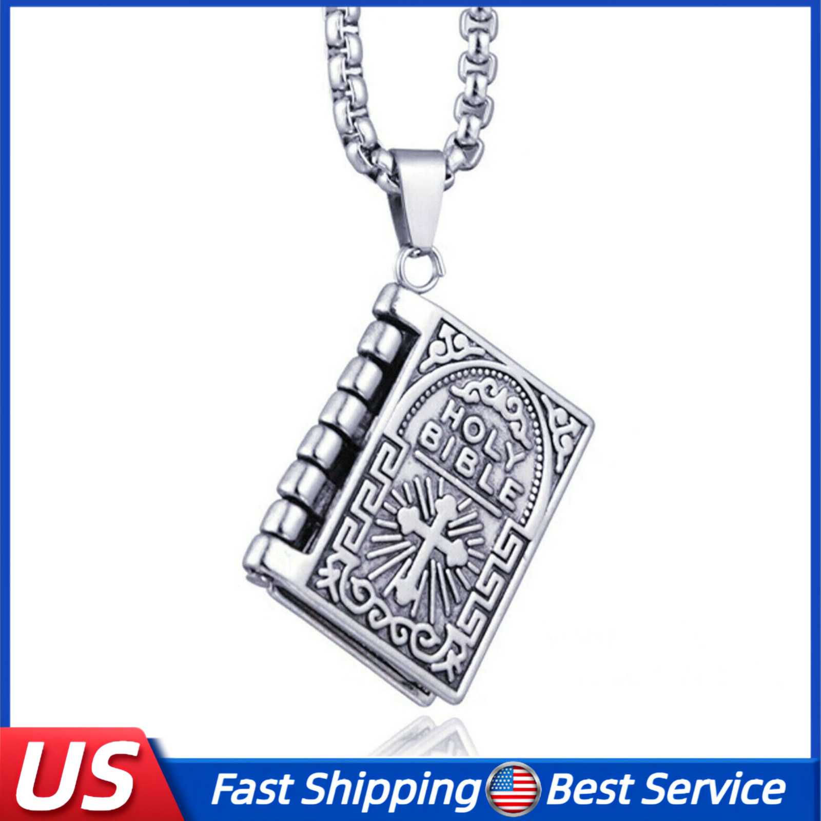 Men\'s Religious Holy Jesus Bible Necklace Openable Cross Prayer Book Pendant