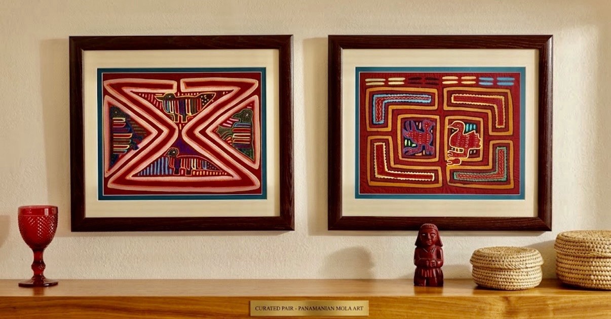 Set Of 2 Kuna Mola Textiles Custom Framed Hand Stitched Vintg Folk Art Set Of 2 Kuna Mola Textiles Custom Framed Hand Stitched Vintg Folk Art