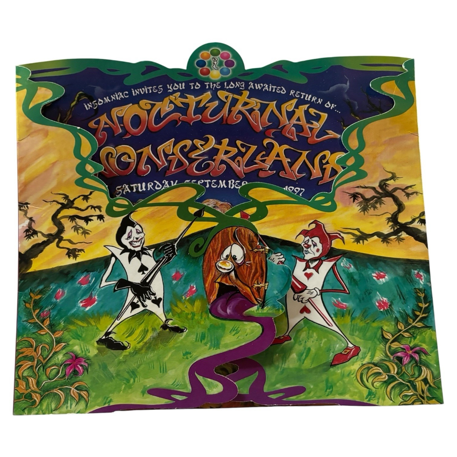 VINTAGE 1997 NOCTURNAL WONDERLAND RAVE FLYER INSOMNIAC ALICE IN WONDERLAND ART