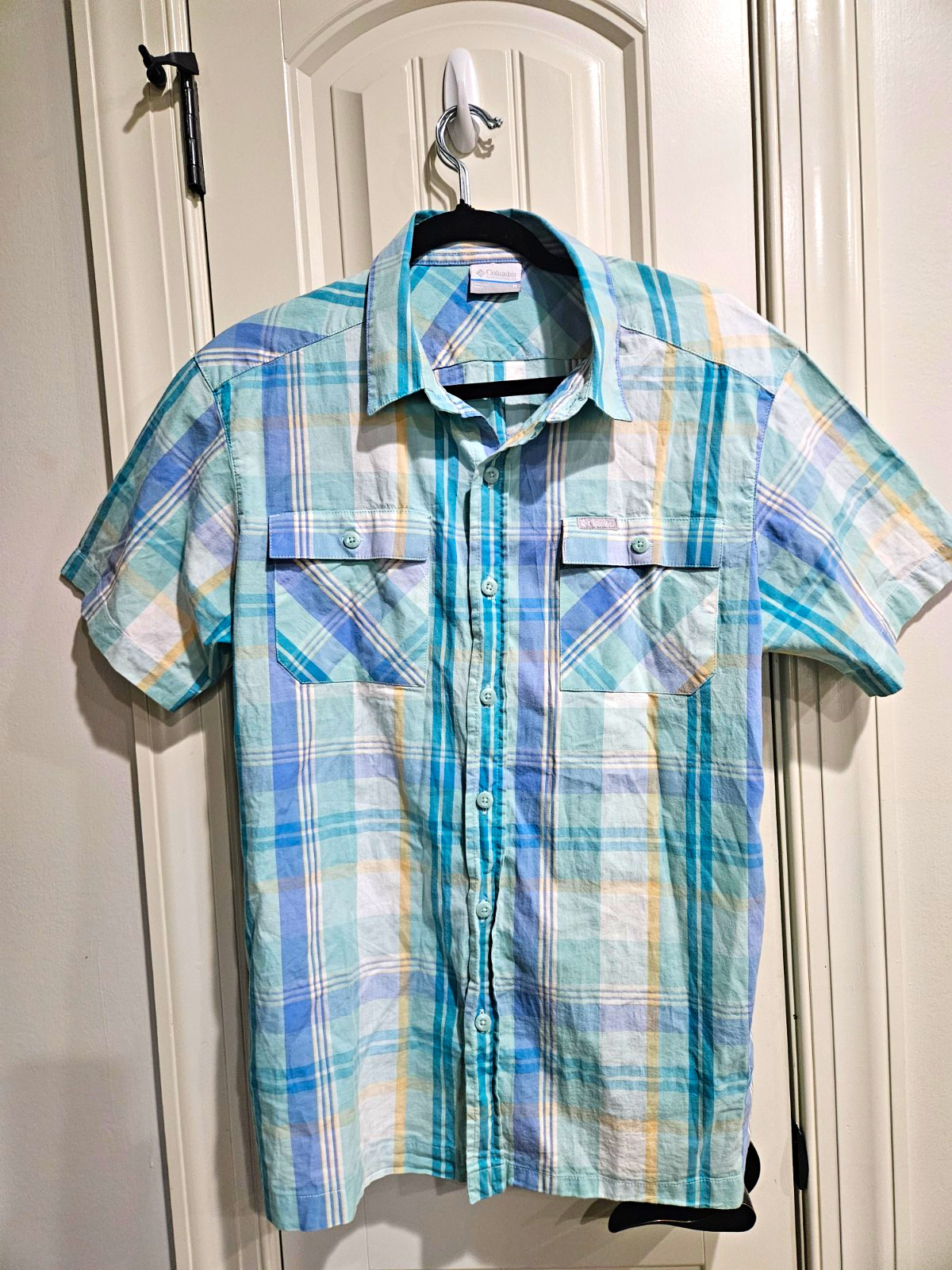 Columbia Men\'s M Cotton Plaid Short Sleeve Button-Up Shirt w/ Pockets Columbia Men\'s M Cotton Plaid Short Sleeve Button-Up Shirt w/ Pockets