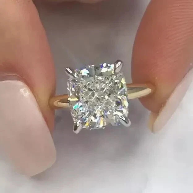 3.00 CT Cushion Cut Moissanite Solitaire Engagement Ring 14K Yellow Gold Plated