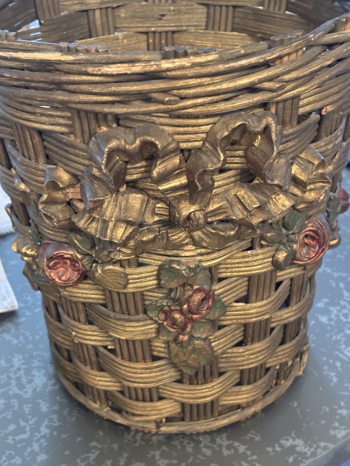 Antique Wicker Barbola Waste Basket With Flowers/swags And Ribbons And Bows Antique Wicker Barbola Waste Basket With Flowers/swags And Ribbons And Bows